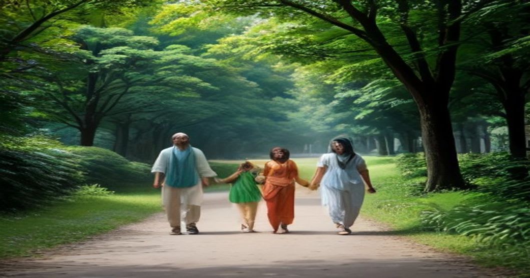 একটি বাংলাদেশি পরিবার সবুজ পার্কে হাঁটছে - সুস্থ জীবনযাত্রার প্রতীক
