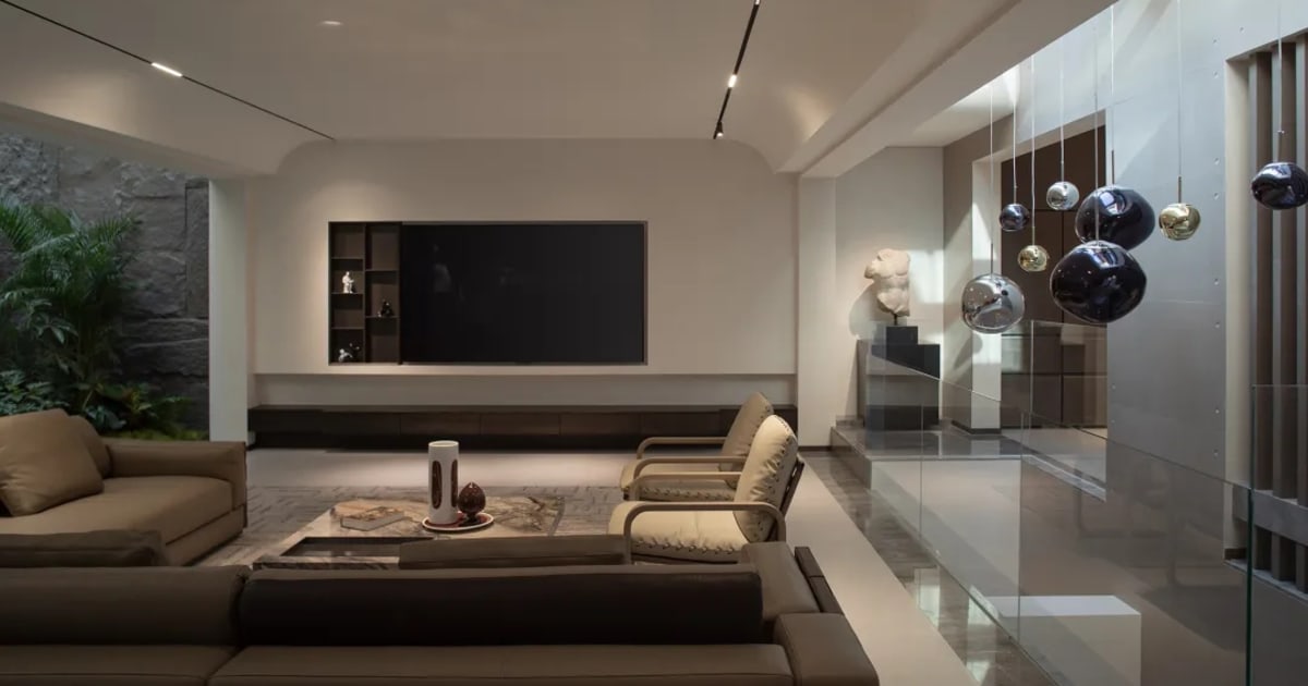 Modern Minimalist Living Room with Stone and Metal | Feel Design
