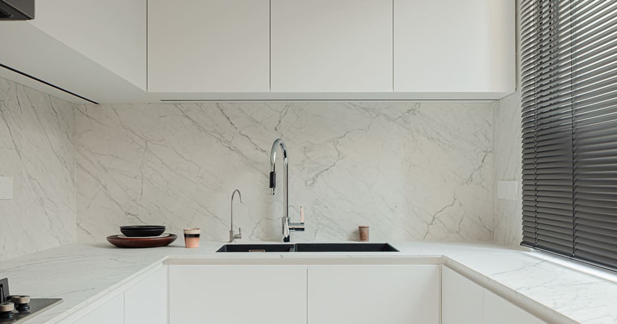 Modern Kitchen with White Cabinets and Marble Countertops | Feel Design