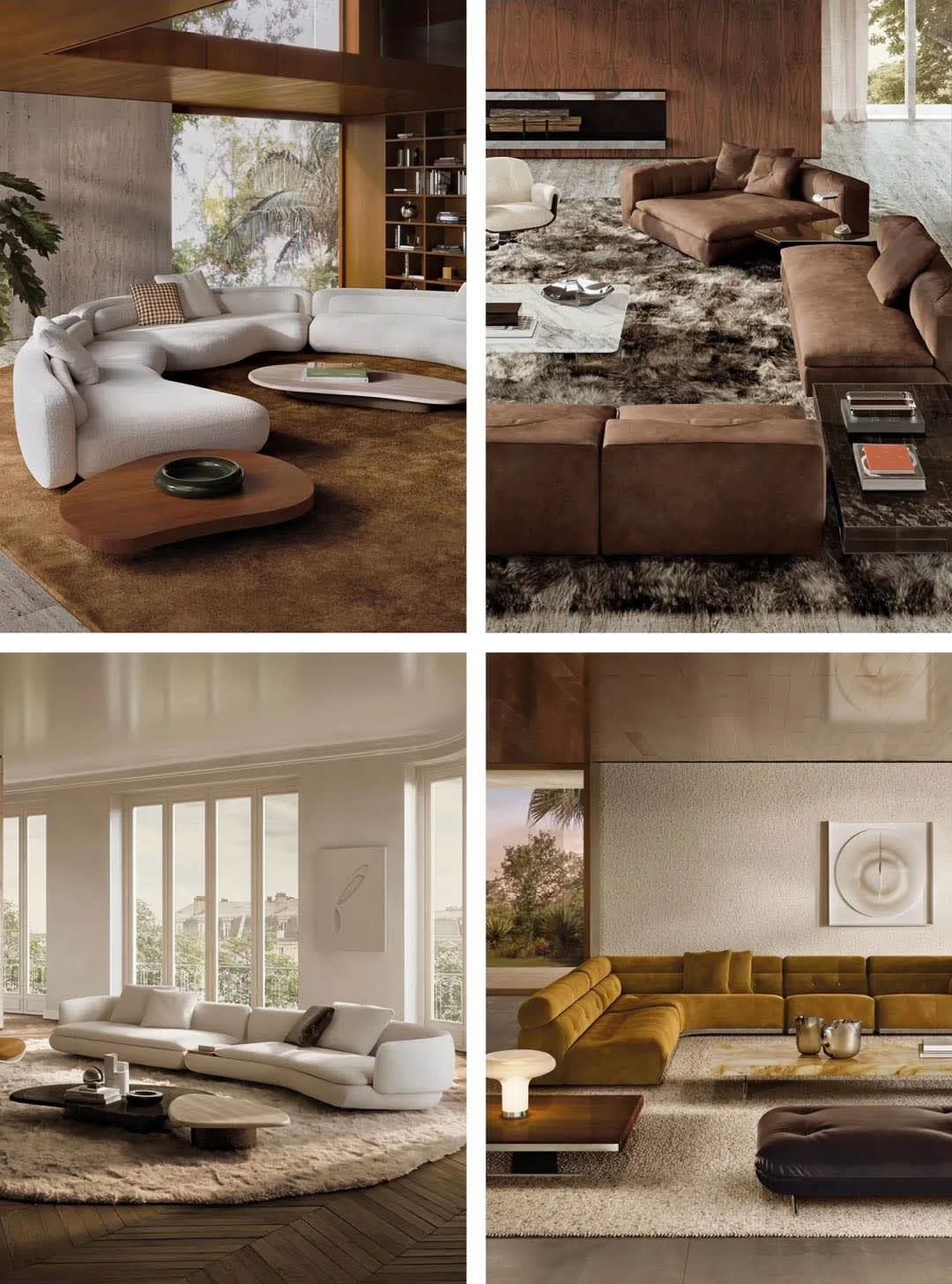 Warm living room with earth tone palette, leather furniture, and natural materials
