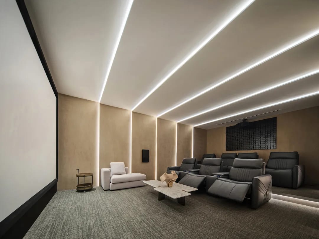 Luxury living room with invisible ceiling speakers and clean design