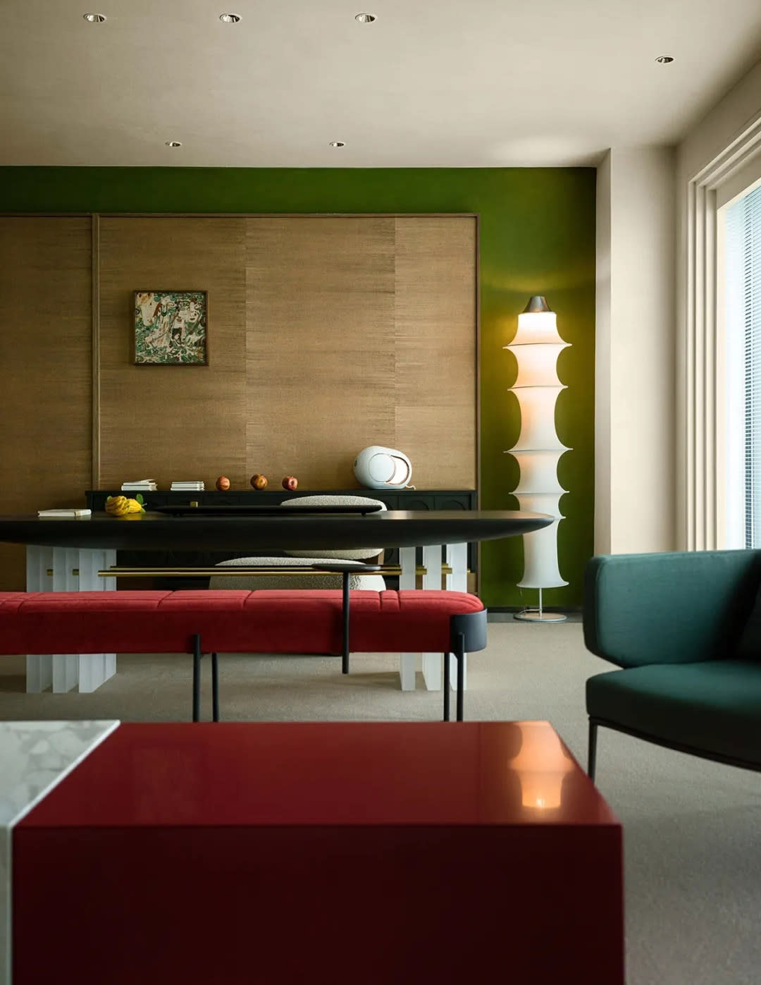 Modern living room colorful accent wall neutral furniture minimalist