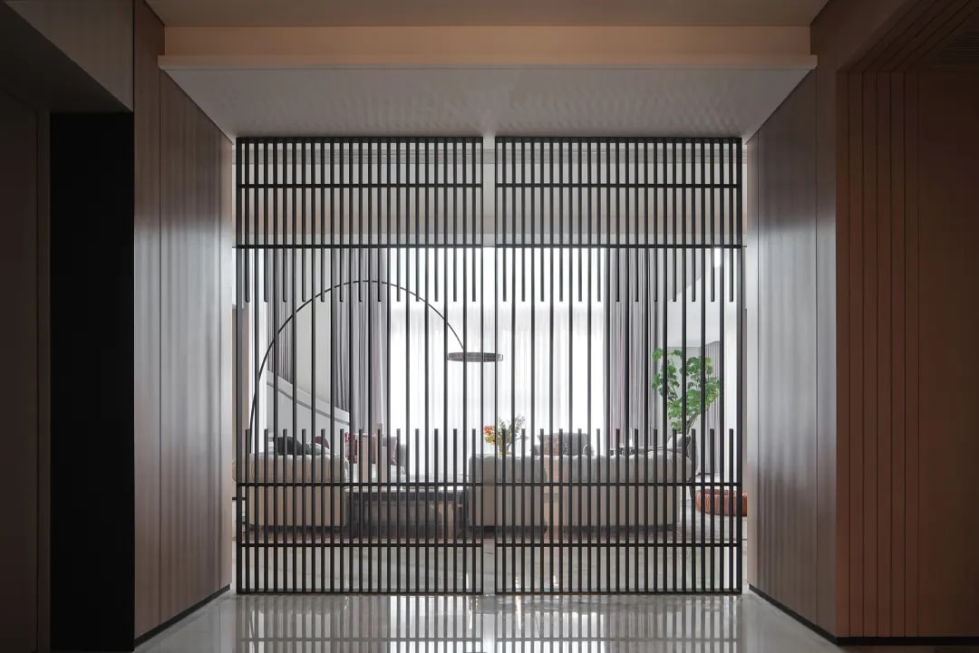 Wooden slat screen divider in modern interior