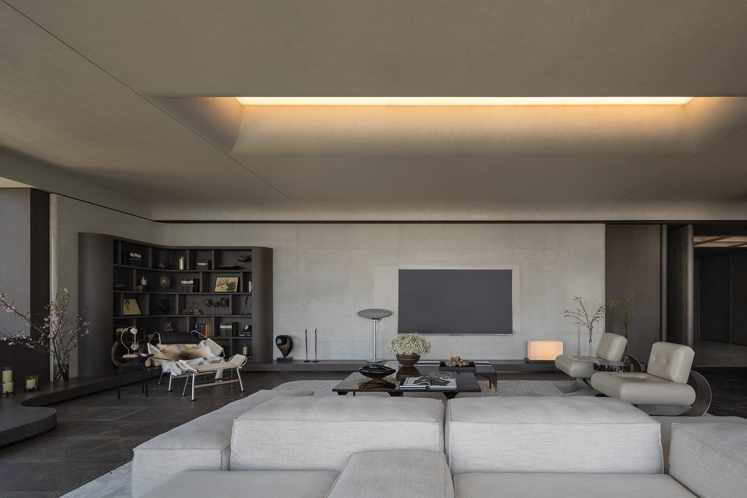 Chocolate brown sofa in modern living room warm neutral color palette