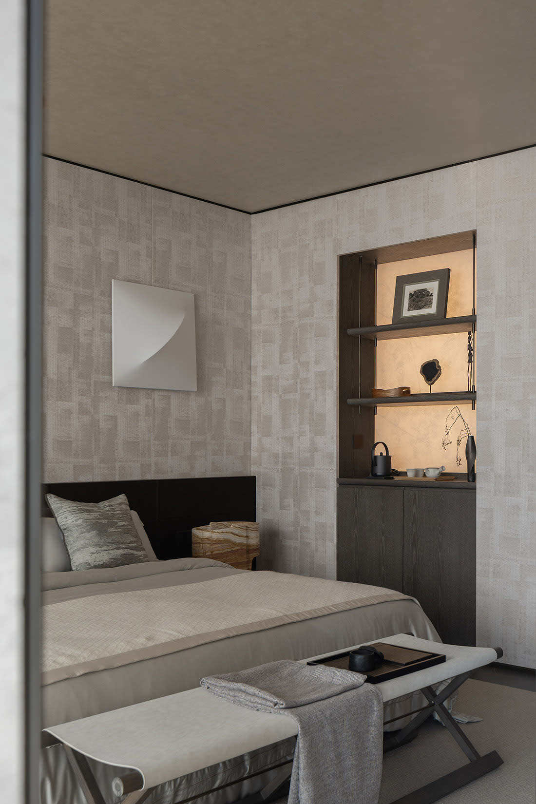 Dark brown bedroom interior cozy warm lighting earth tones