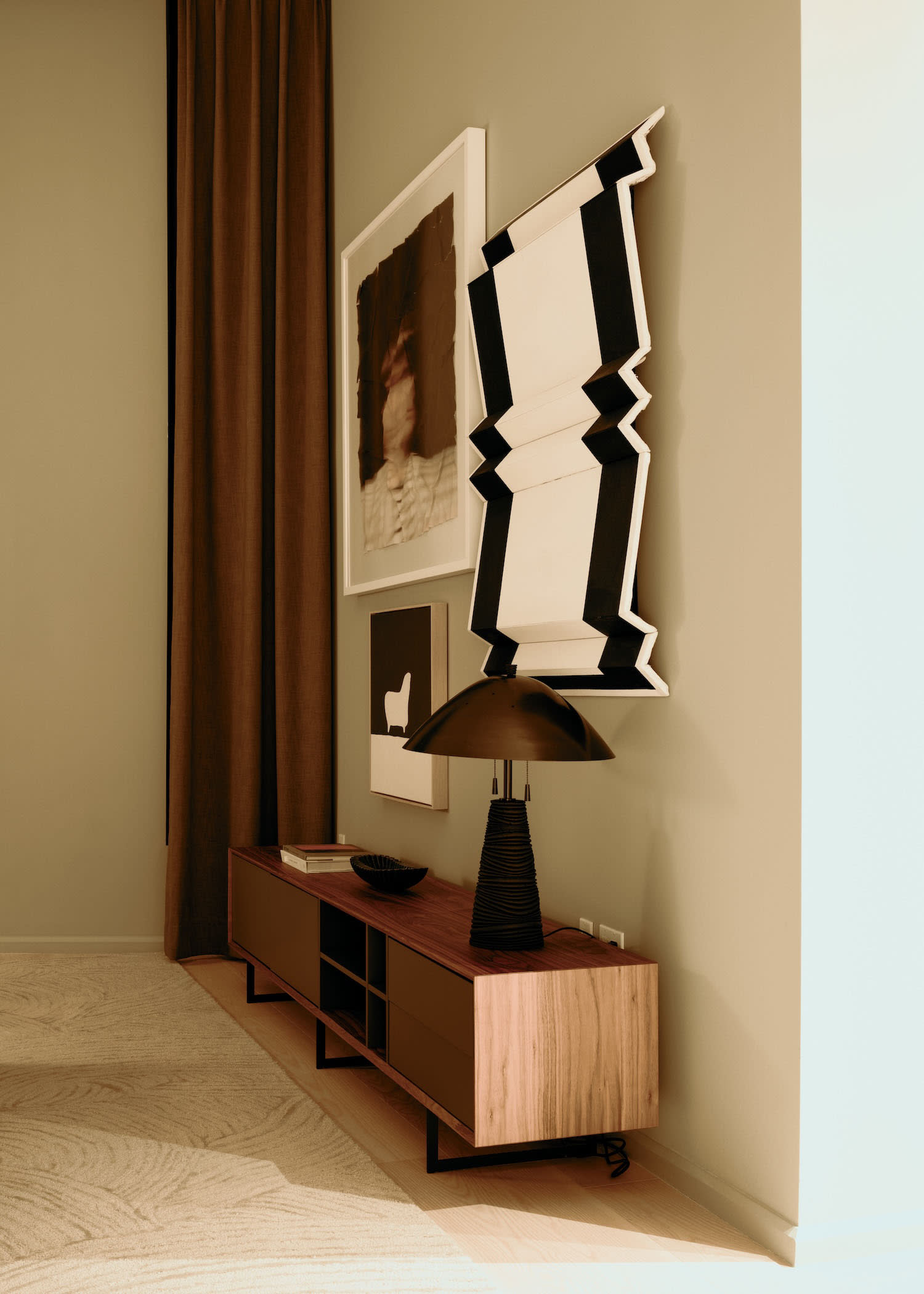 Contemporary wood paneling brown accent wall luxury apartment interior