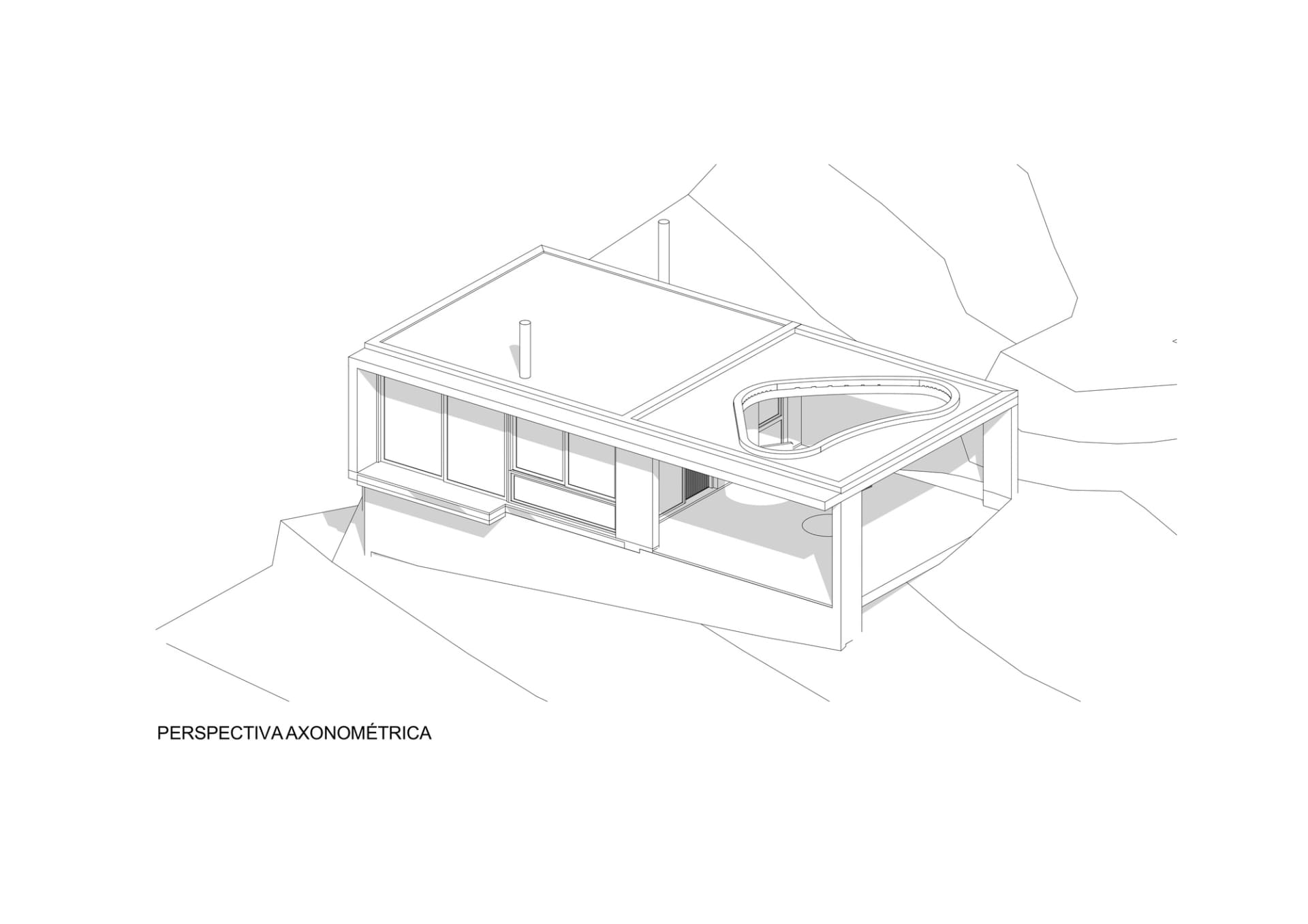 A modern house with glass walls and concrete structure.