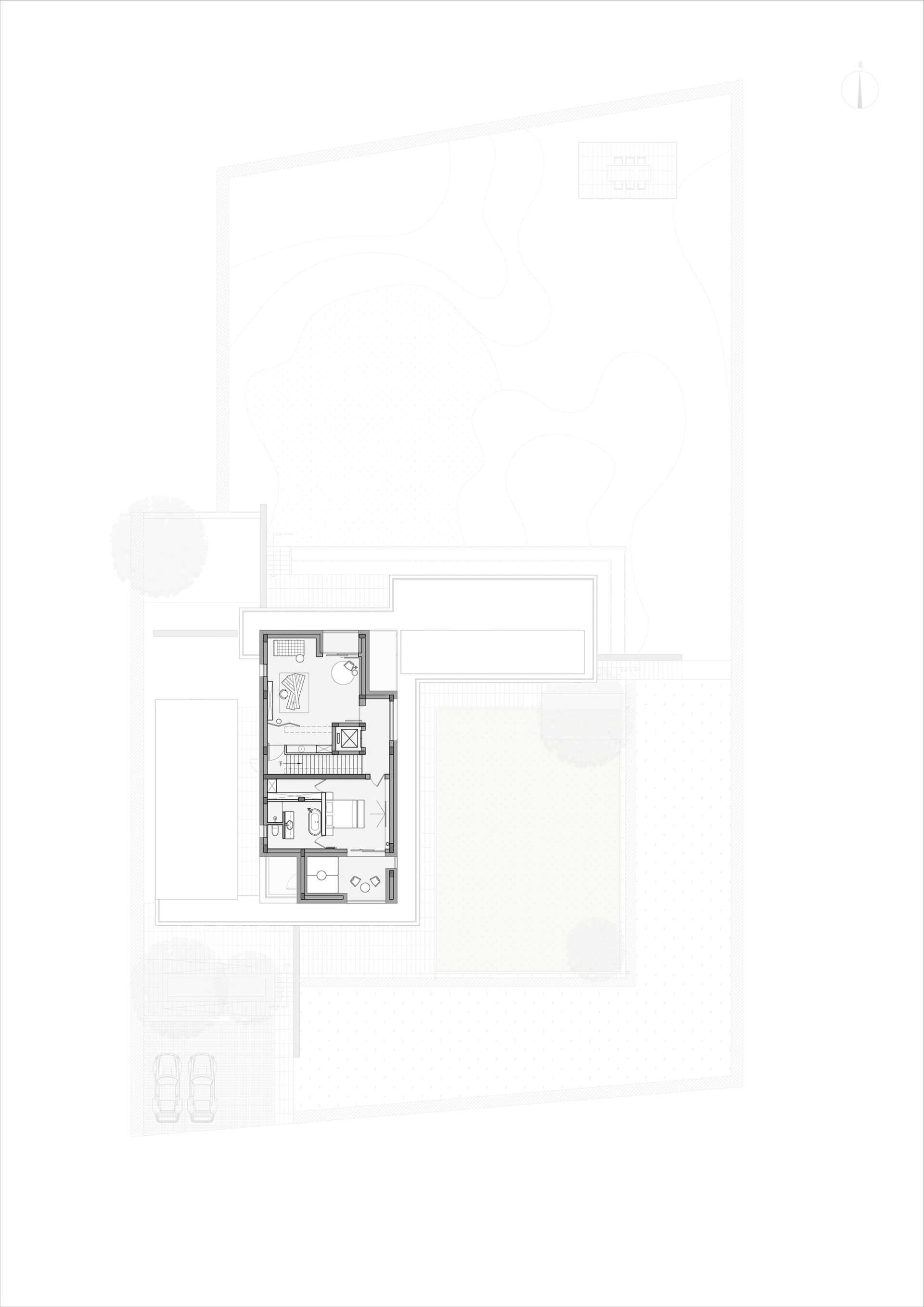Modern architectural floor plan with a rendered/photographic view.