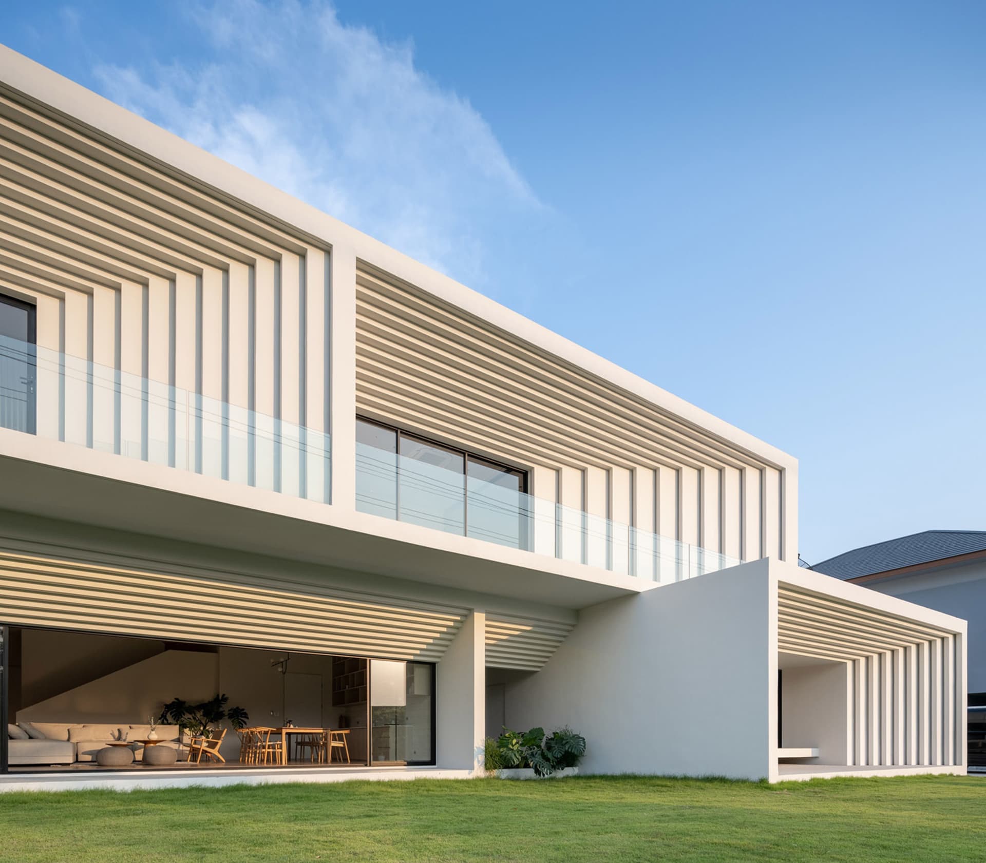 Modern, luxurious residential home with concrete and glass exterior.