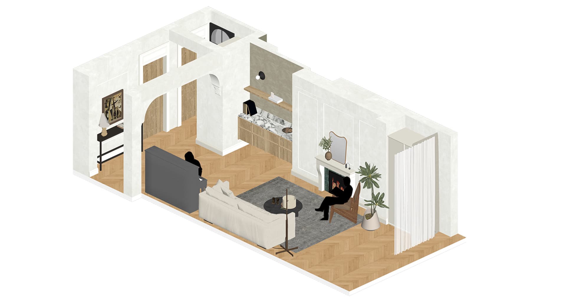 A minimalist living room featuring wood flooring and furniture.