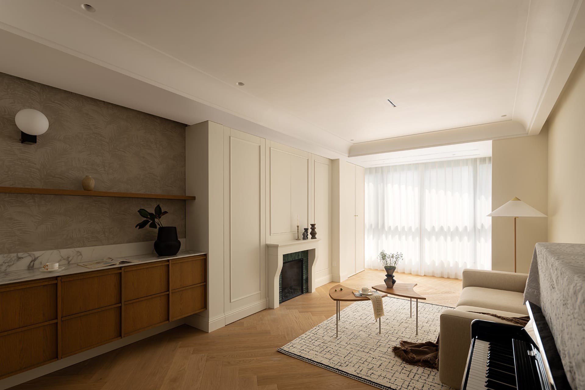 A modern living room with wood accents and a cozy fireplace.