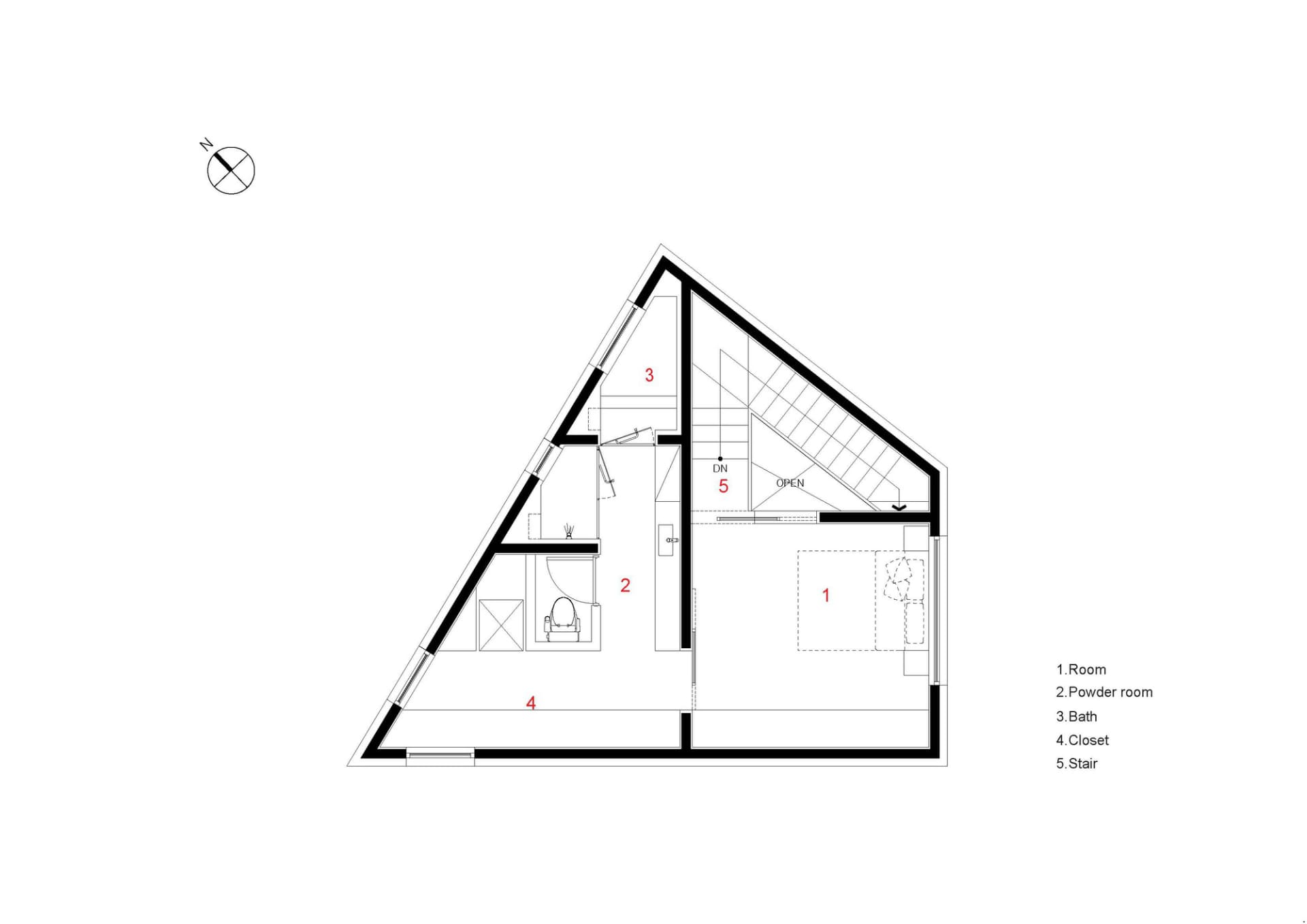 Minimalist architectural floor plan with a room, powder room, bath, closet, and stairs.