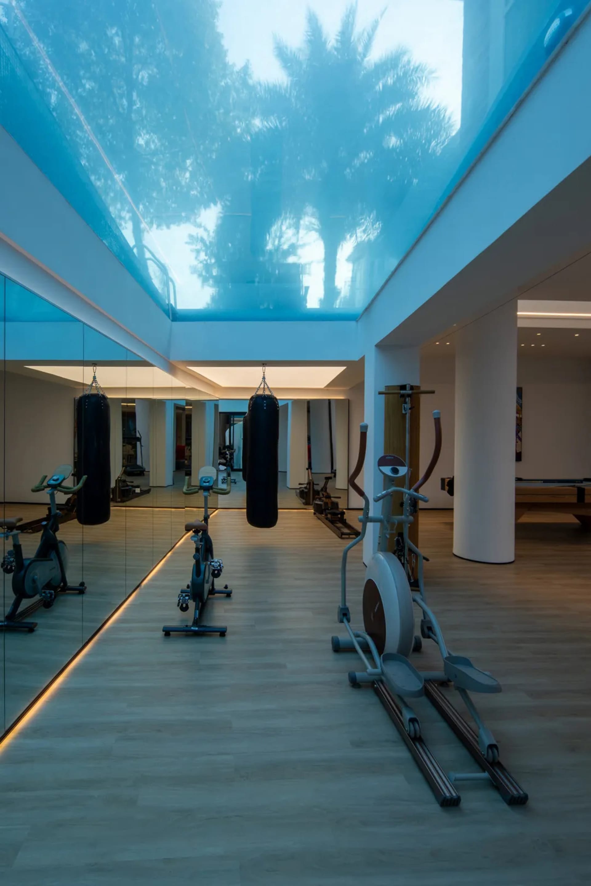 A modern home gym with glass ceiling and exercise equipment.