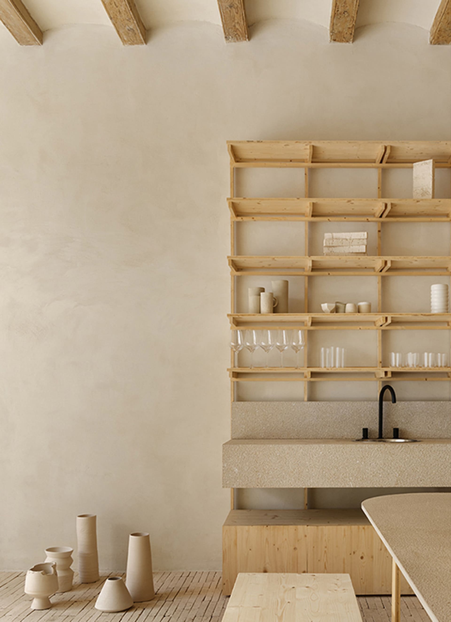 Modern minimalist kitchen with wooden shelves and concrete counter