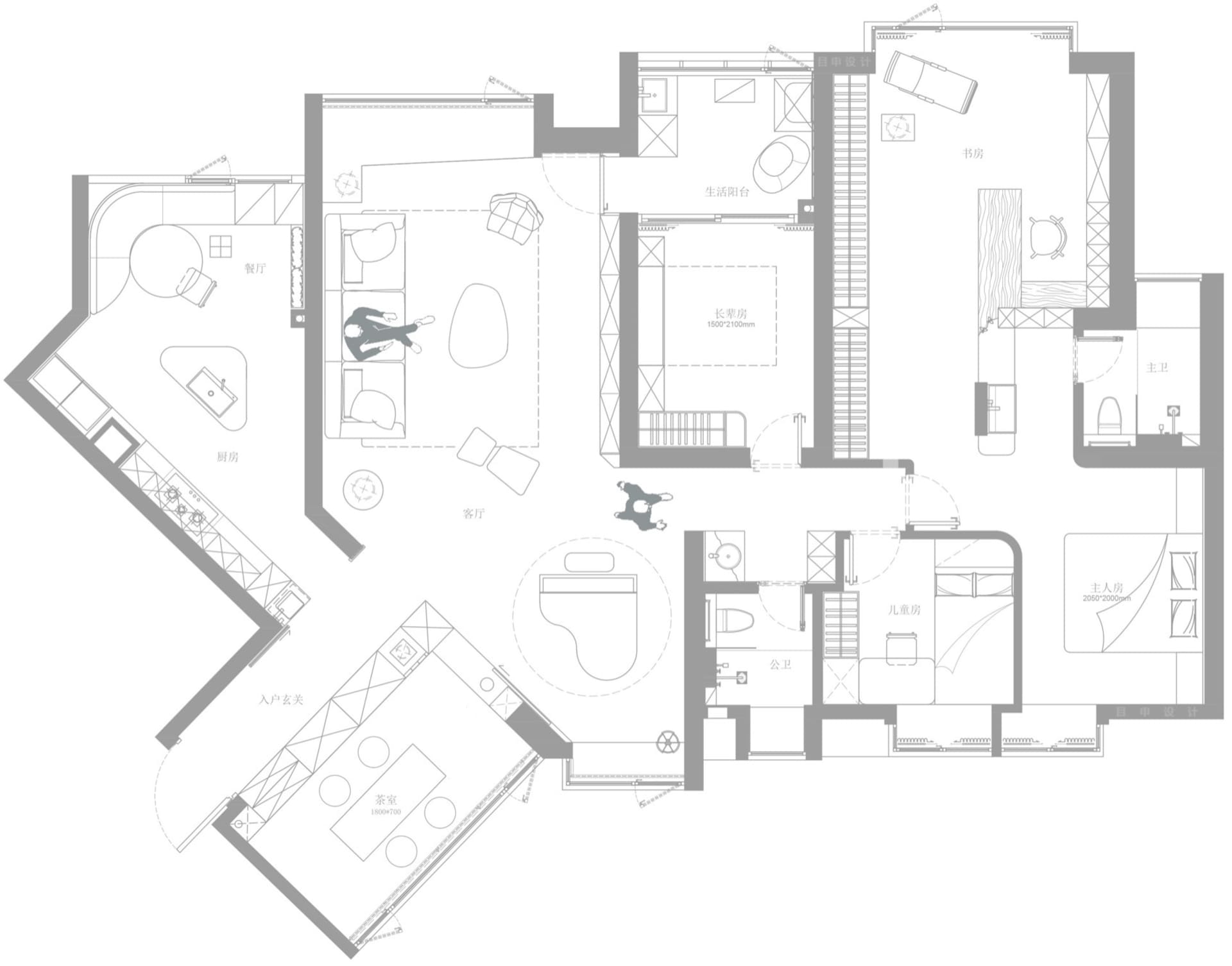 現代住宅室內平面圖的2D技術圖,包含客廳、廚房、餐廳、臥室與衛浴