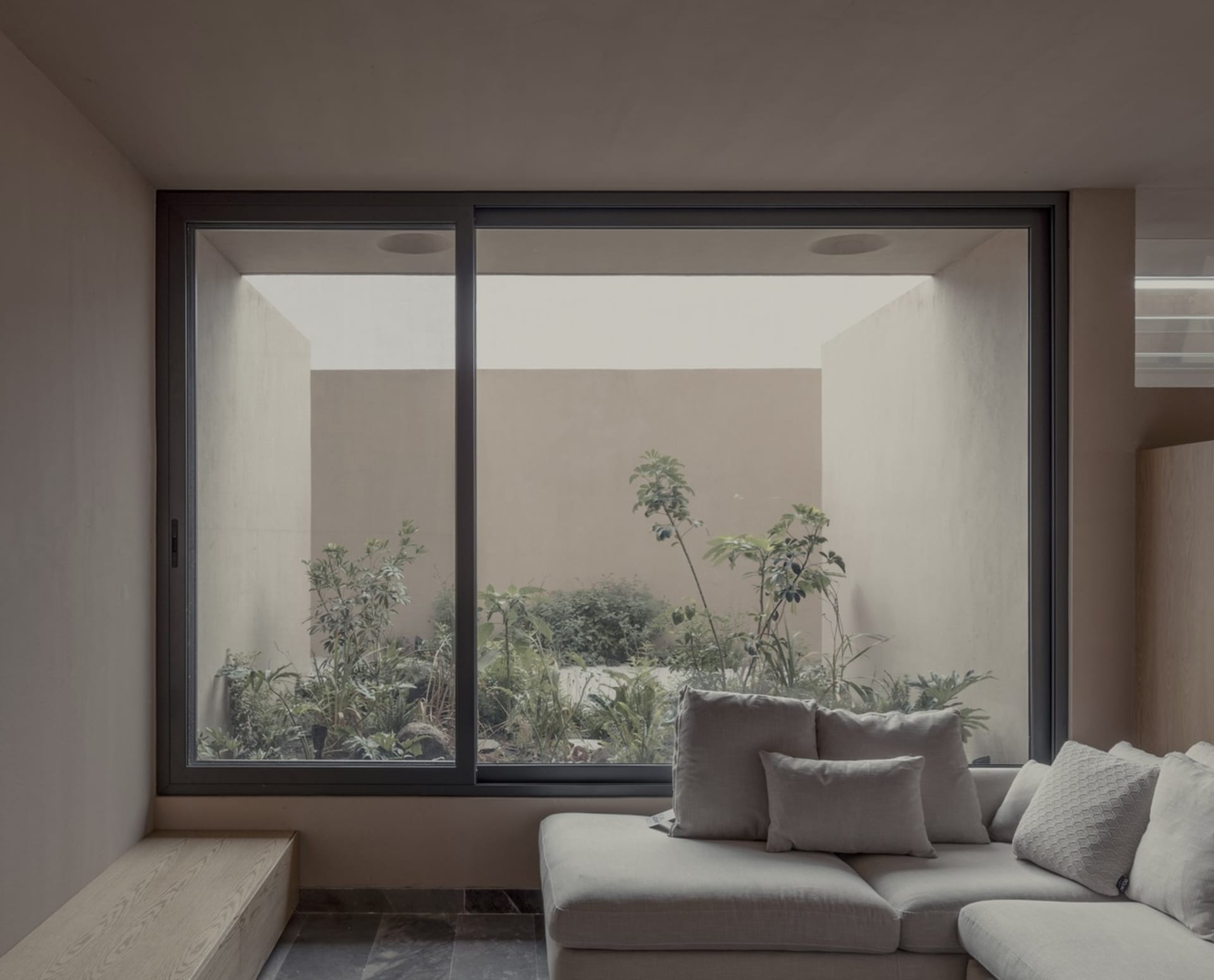 Modern living room with concrete walls and large window overlooking a garden