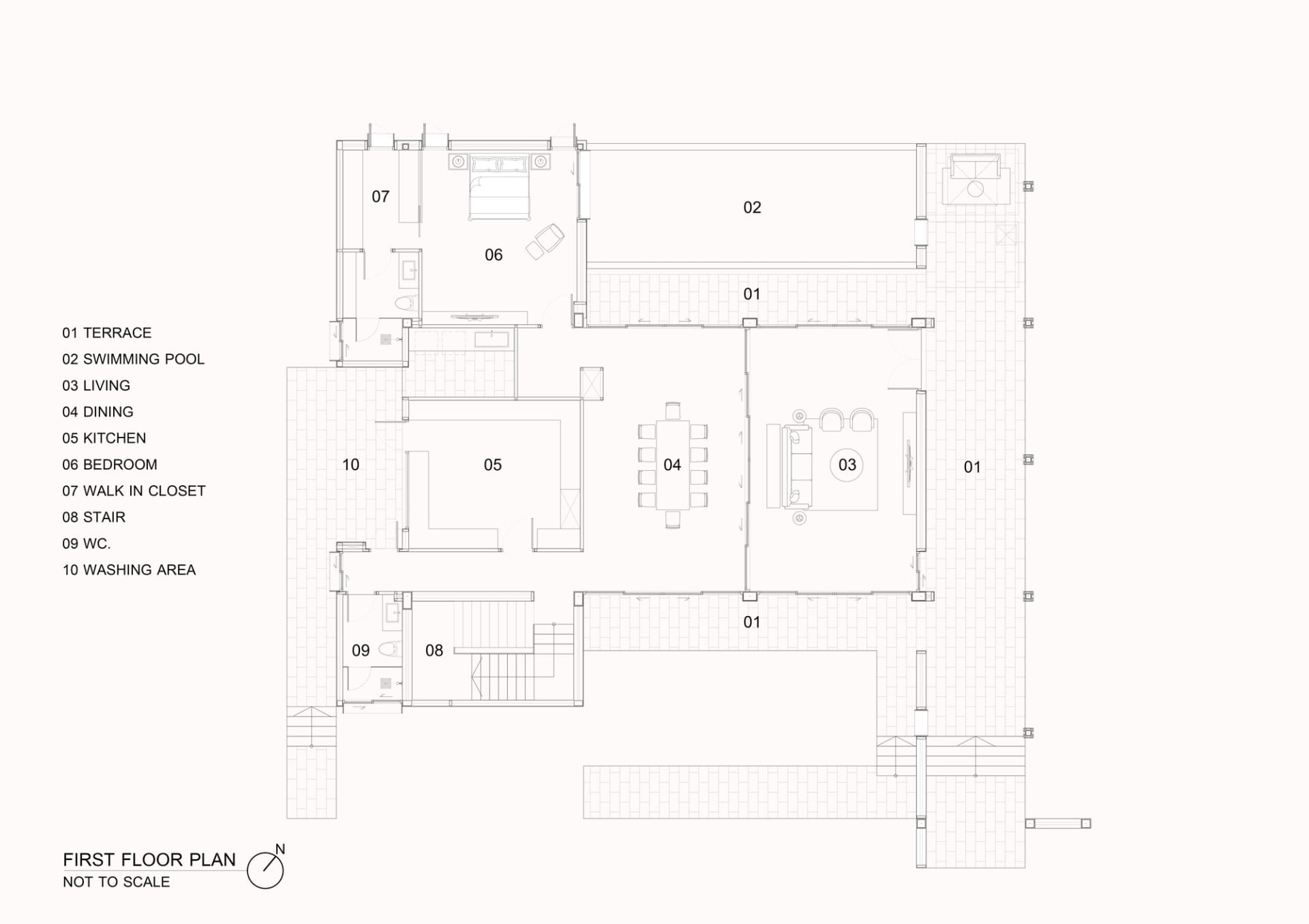 First floor layout of a house plan on paper