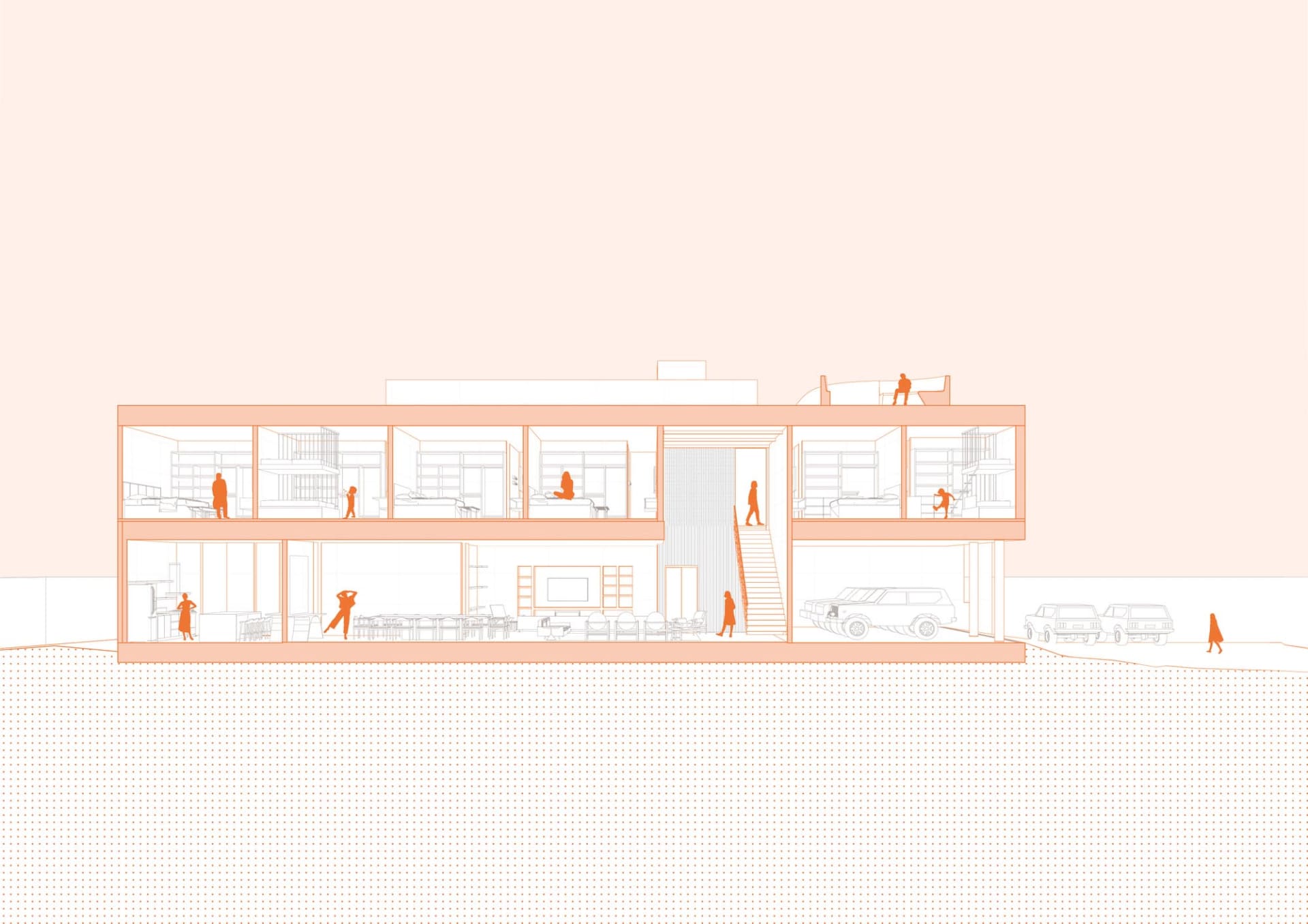 A 2D architectural rendering of a modern apartment interior with various functional zones and people inside.