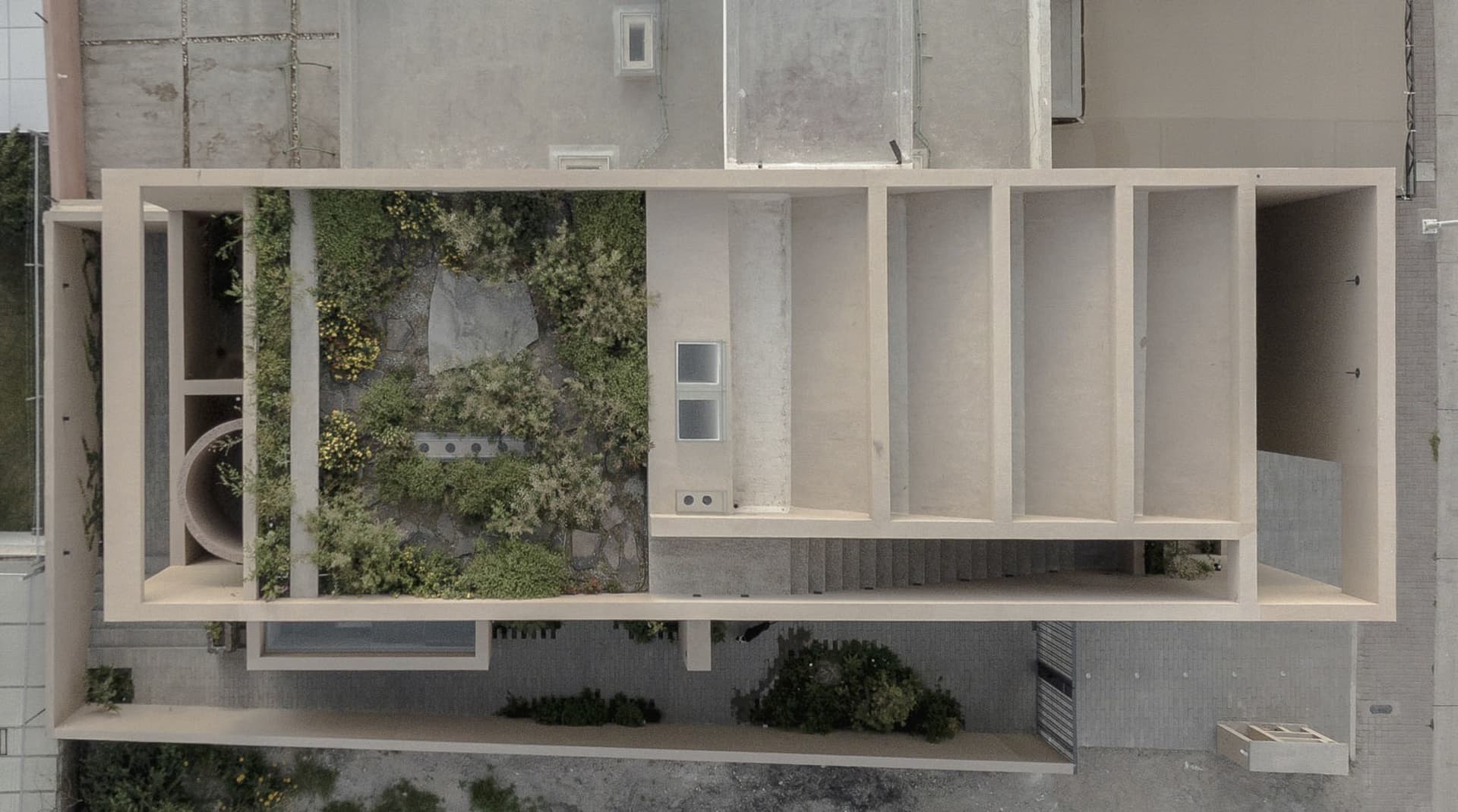 A modern interior design featuring a concrete space with plants and a window.