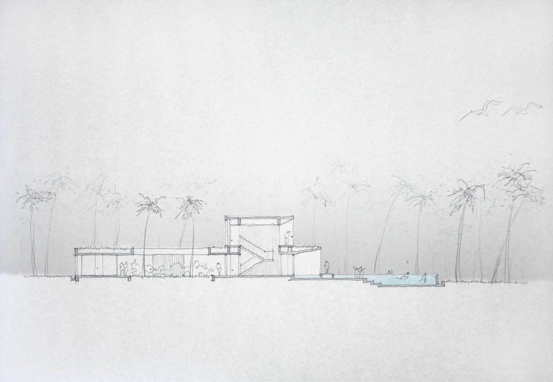 A pencil sketch of a modern residential building on a white background.