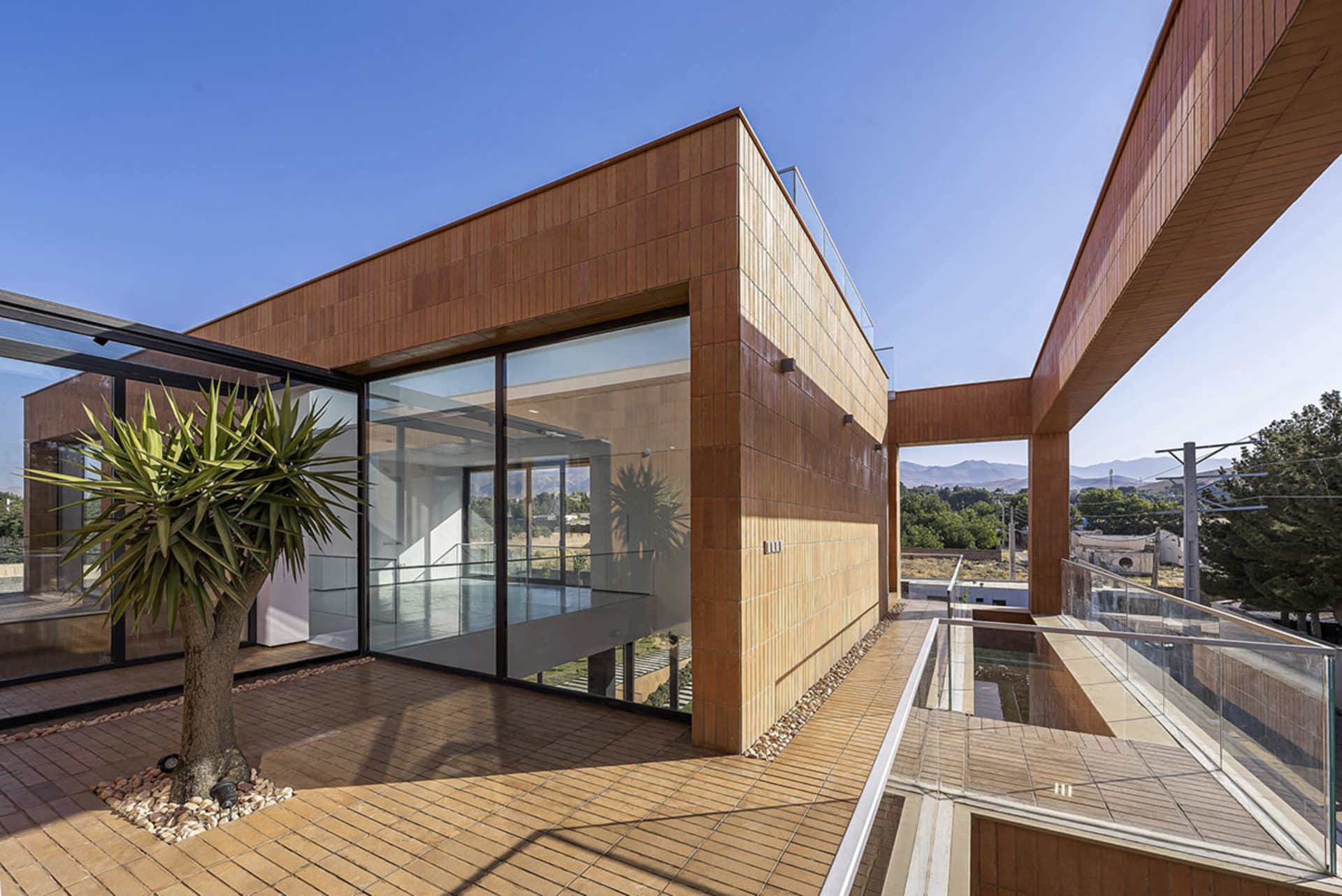 A modern residential building with a wooden pool and glass walls, featuring a terrace and a palm tree.