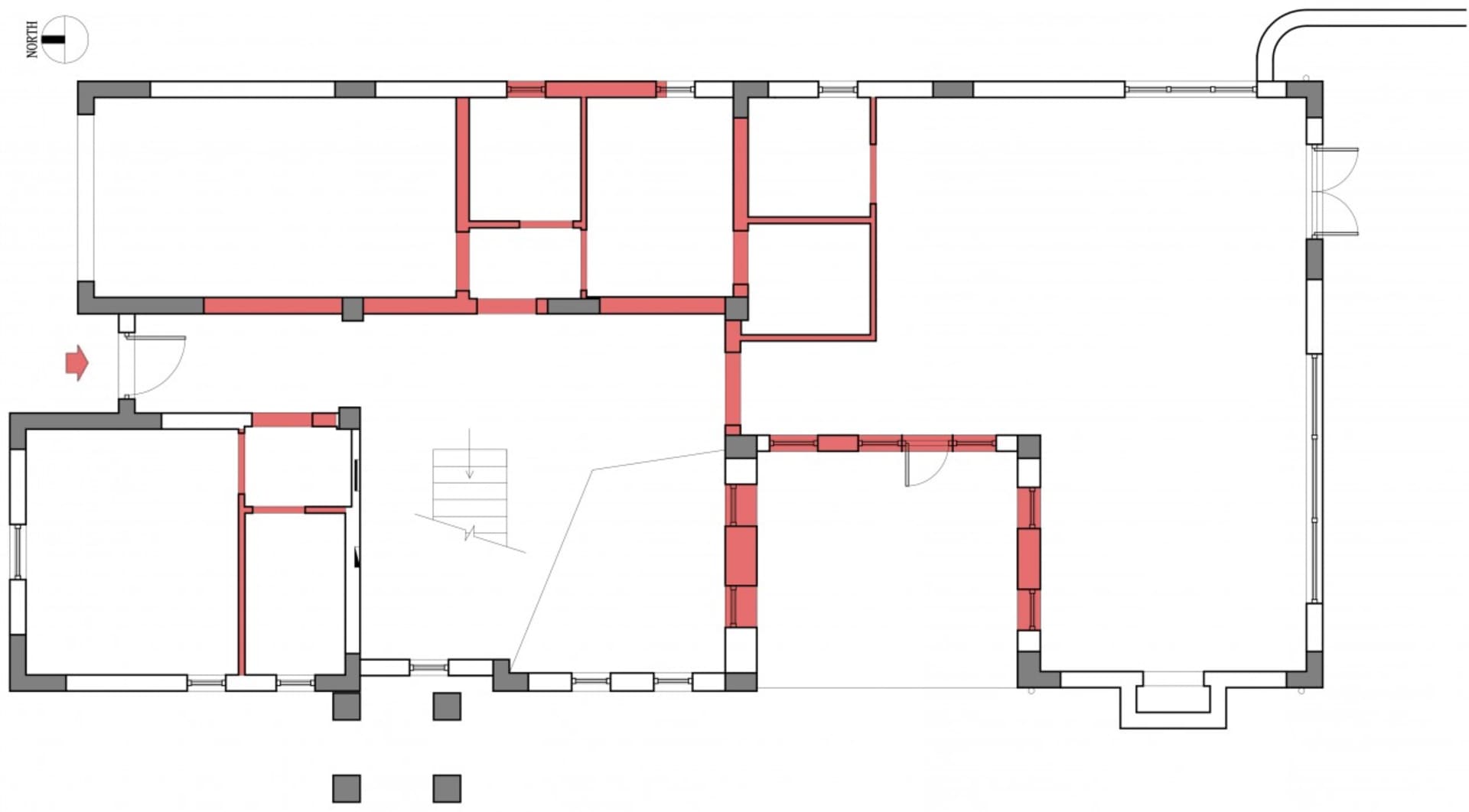 Architectural 2D drawing depicting the layout of a basement floor plan in an unknown building.