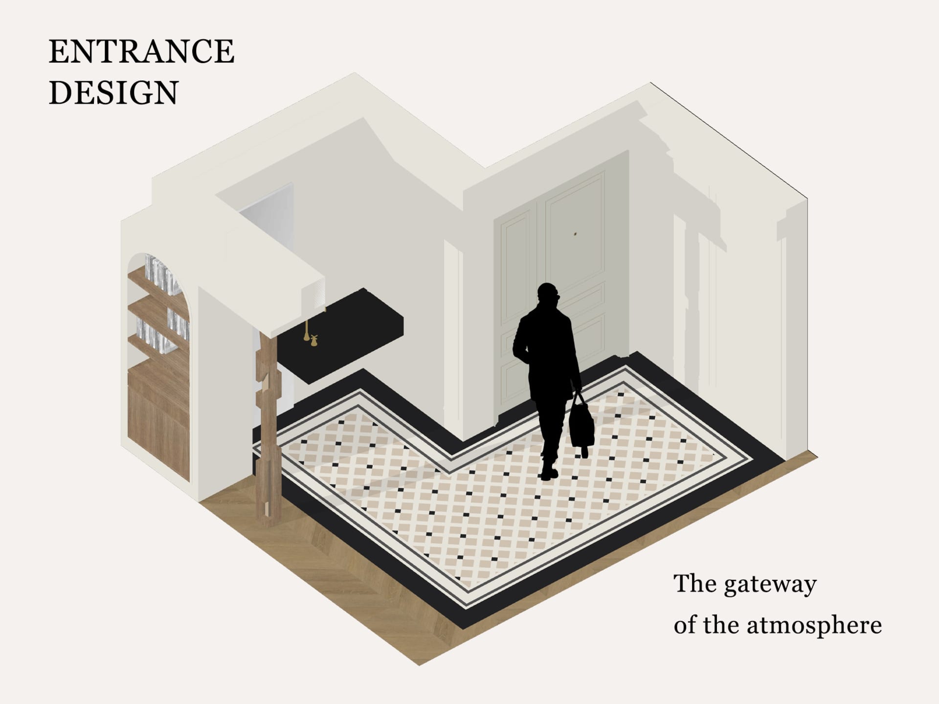 A minimalist entrance design featuring a wooden floor with a white patterned design, a silhouette of a person walking, and wh