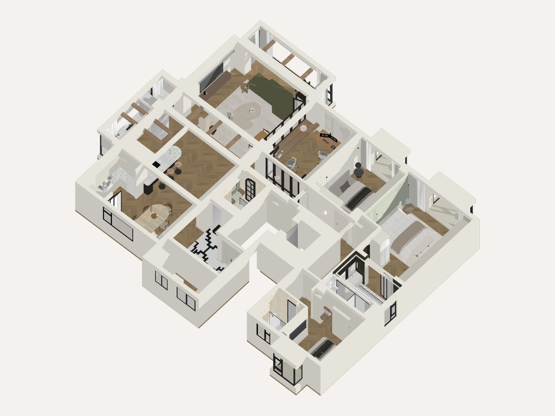 A 3D rendering of a modern open-plan living space with furnished rooms and natural light.
