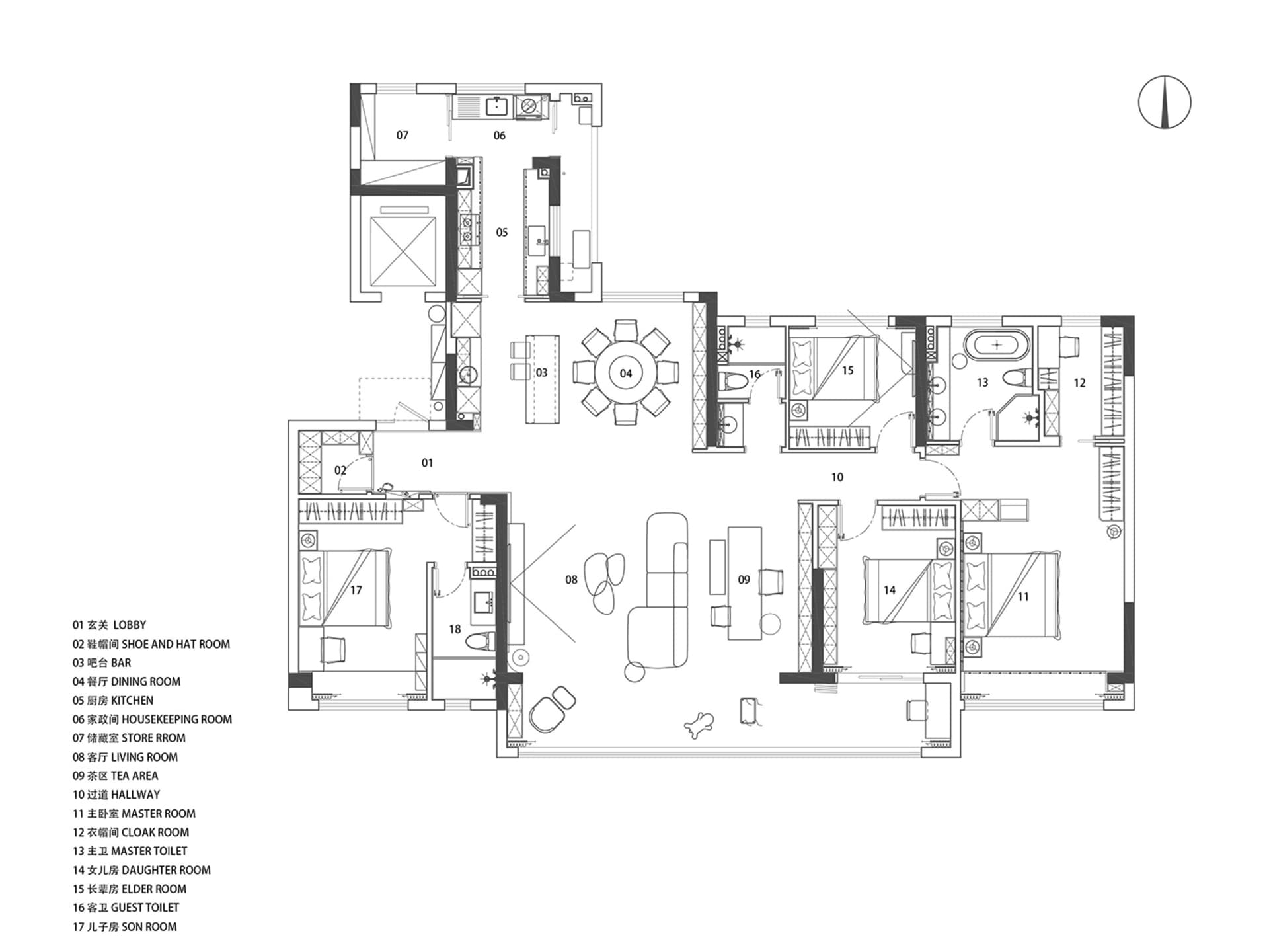 A detailed architectural floor plan showing the layout and features of a modern residential space.