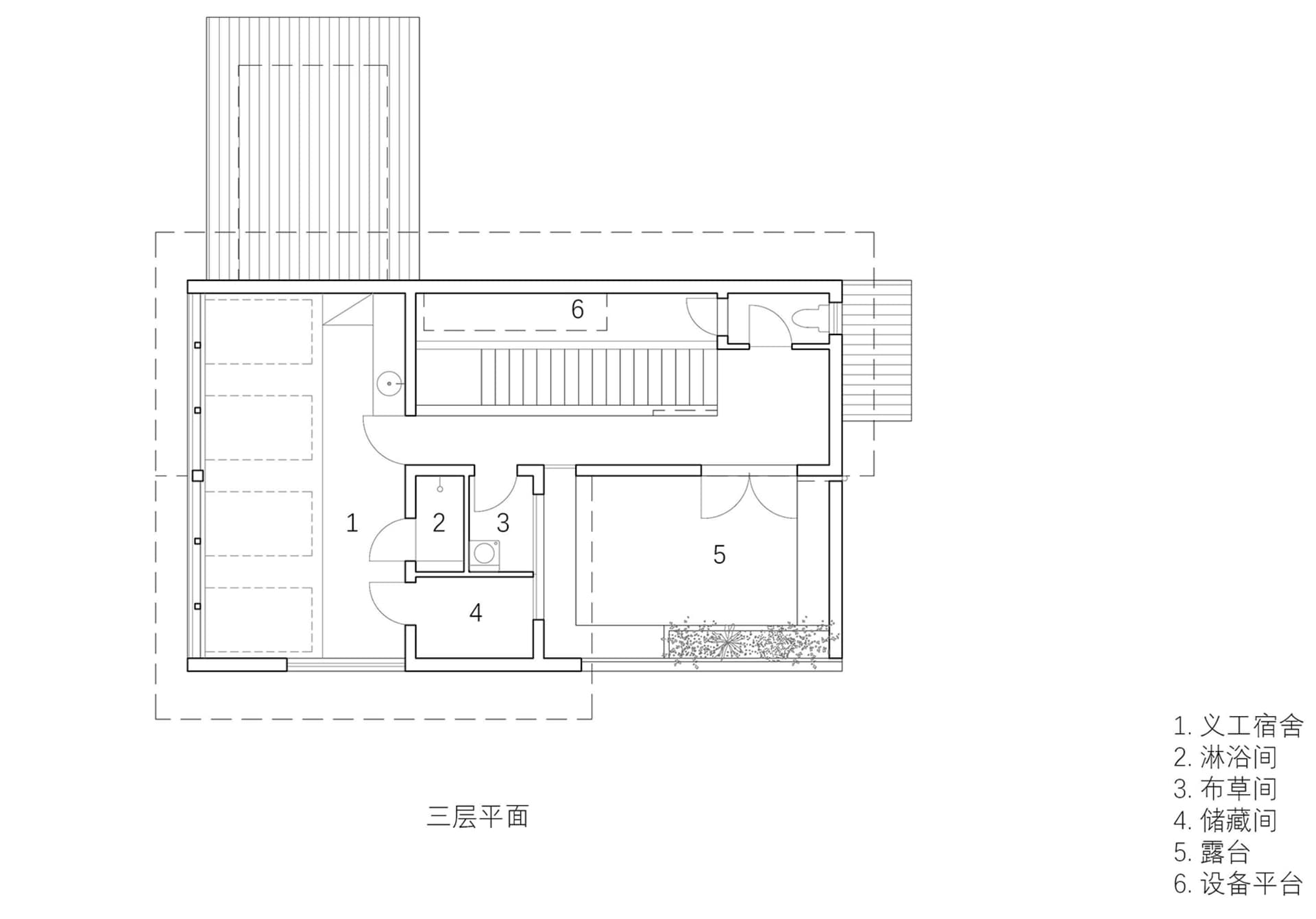 A technical drawing of a three-floor architectural layout with labeled rooms and spaces.