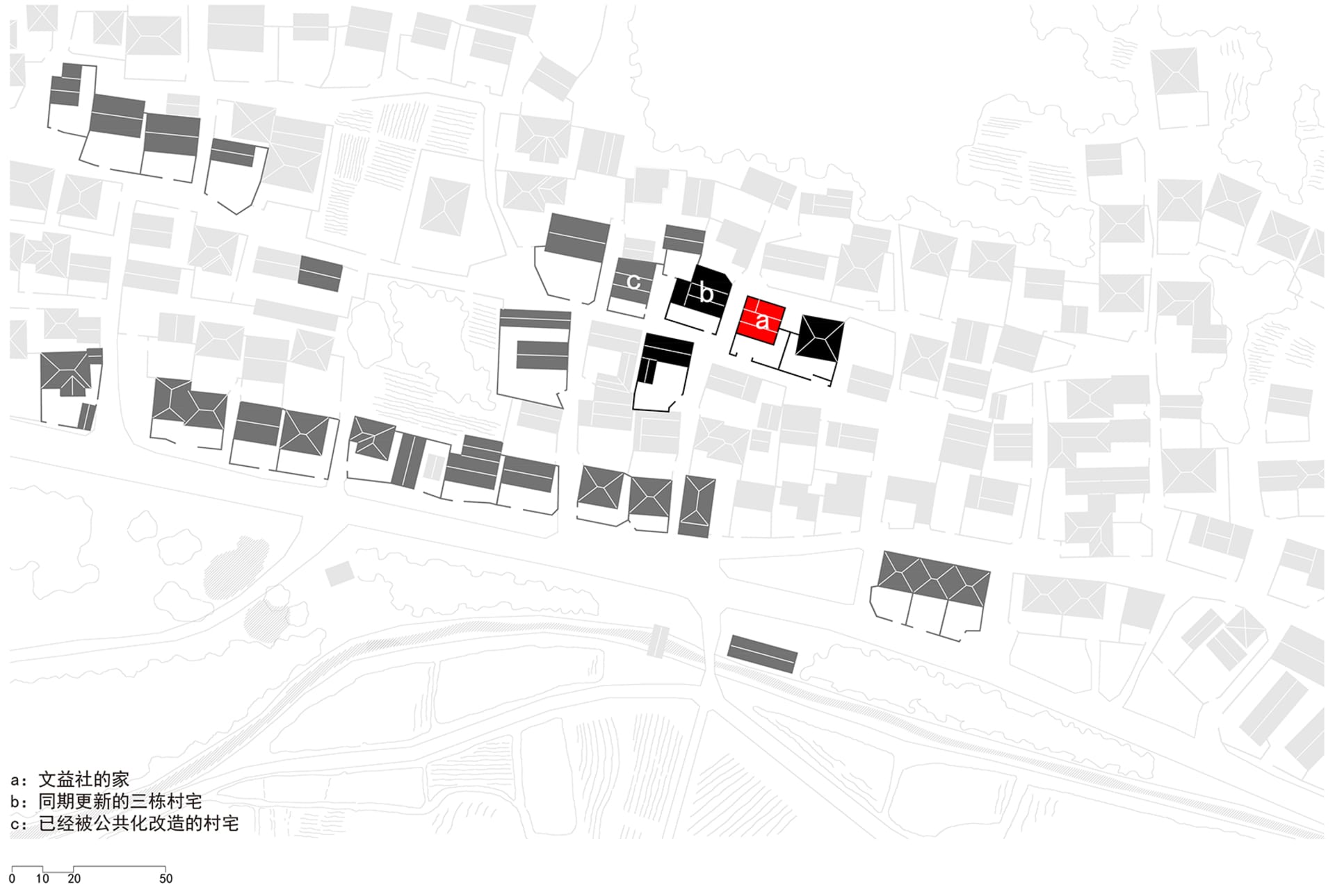A black and white urban development plan with various buildings and areas marked, including a home, renovated buildings, and