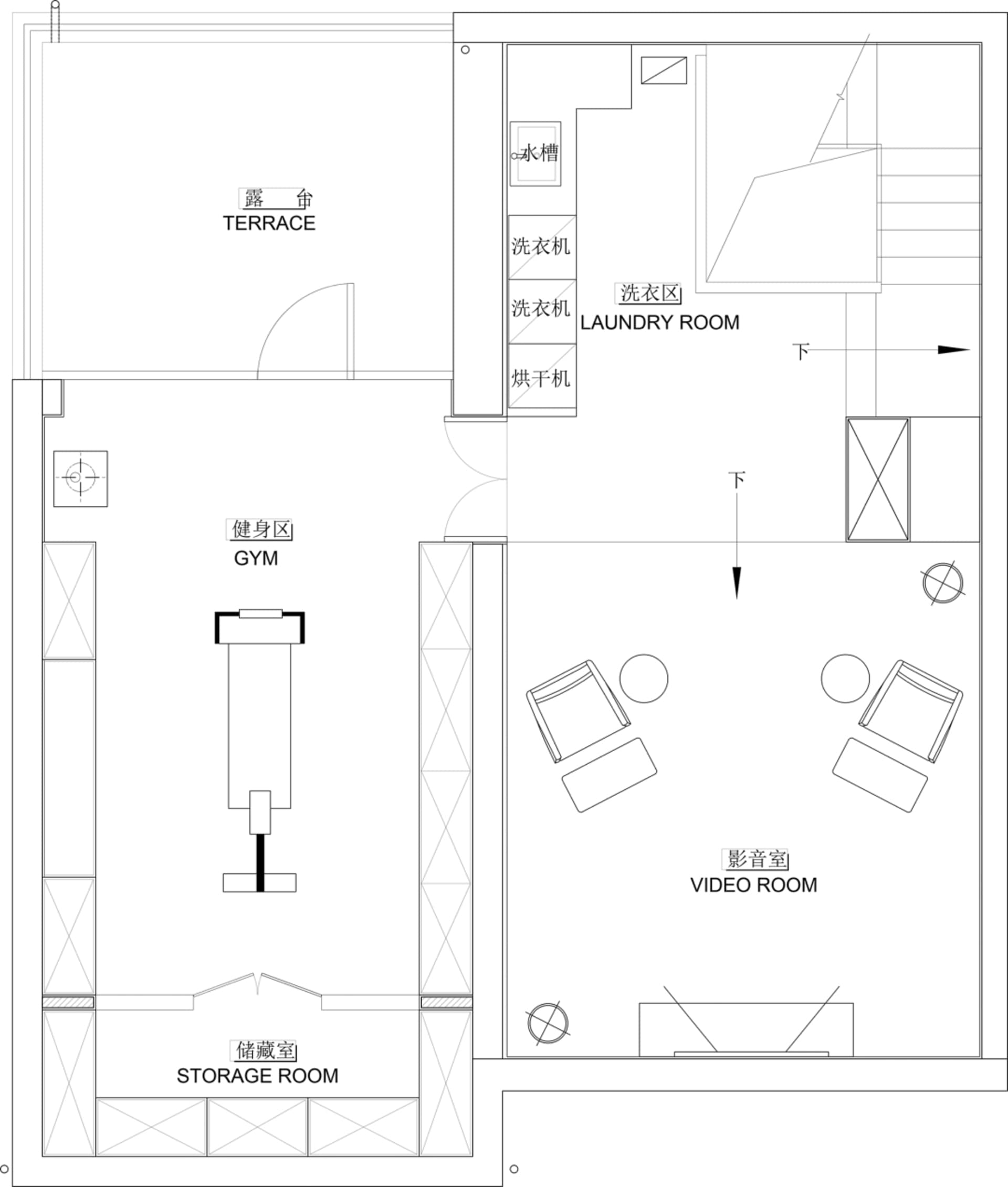 住宅空間平面圖，包含儲藏室、洗衣房、健身房與視聽室。