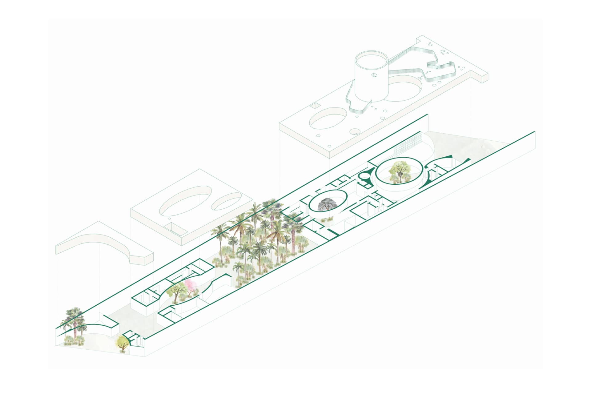 室內花園的建築平面圖,包含詳細的佈局與植物配置