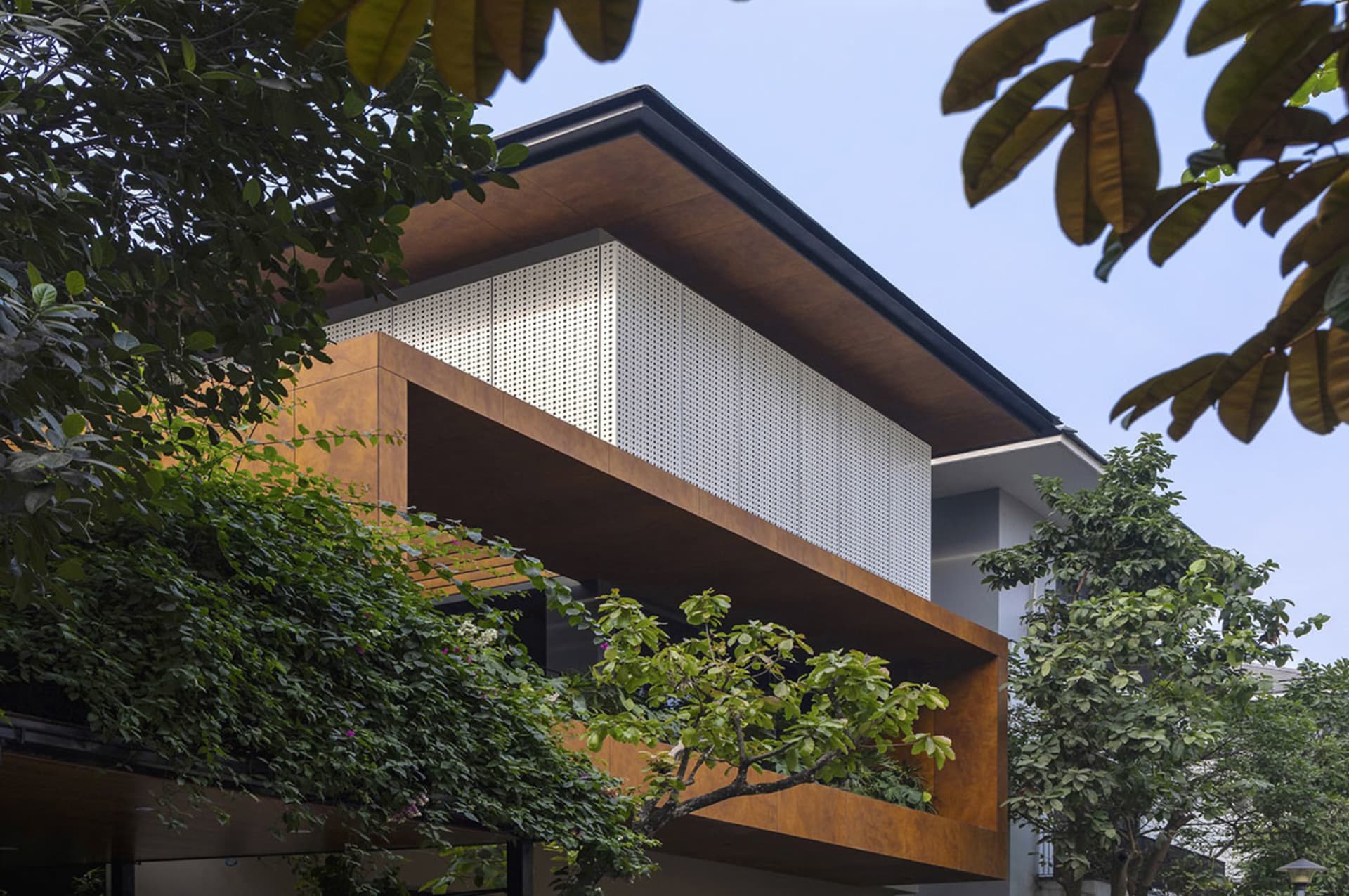 A modern house with wooden-paneled exterior