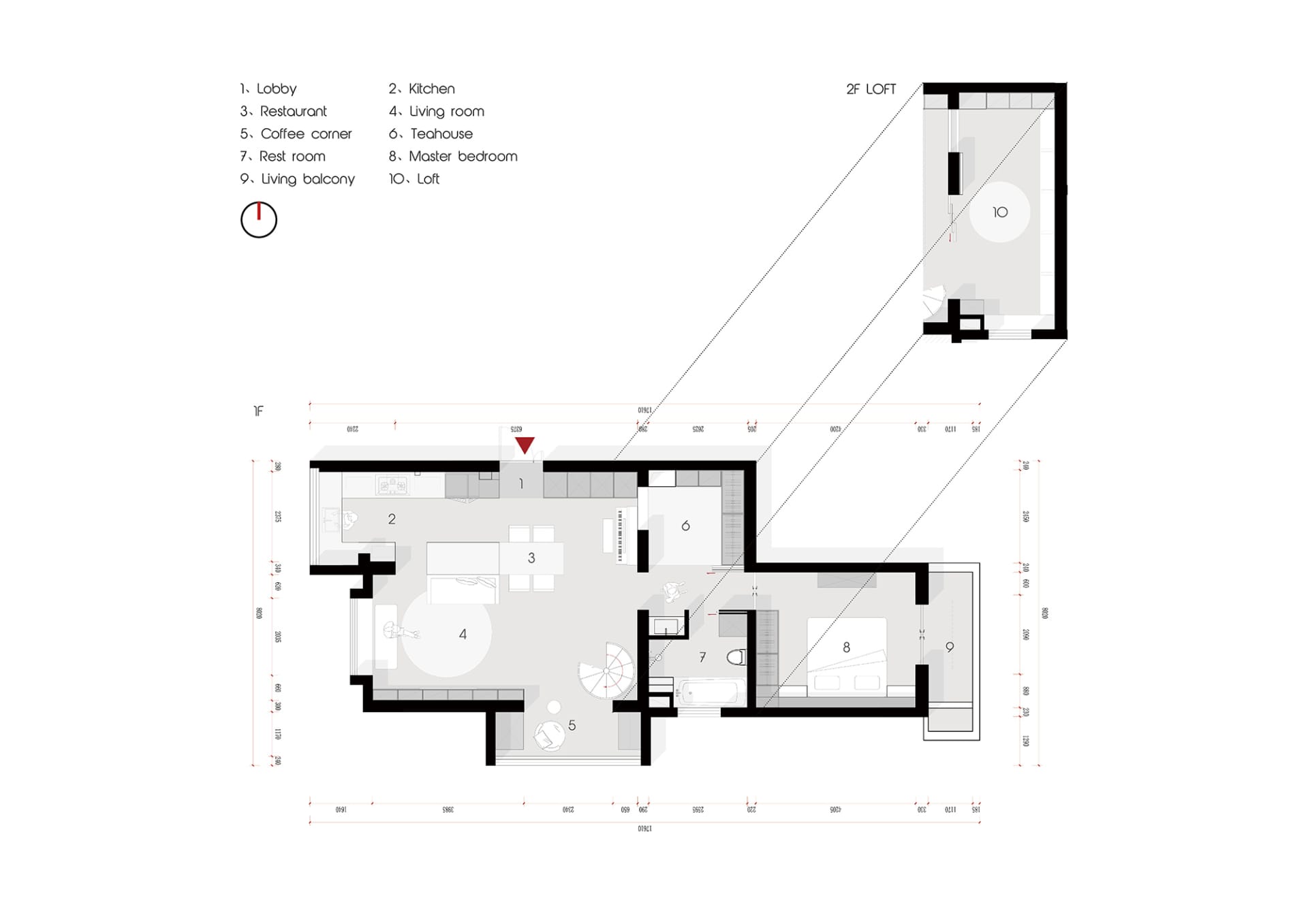 Modern minimalist architectural floor plan layout with detailed specifications and room numbers.