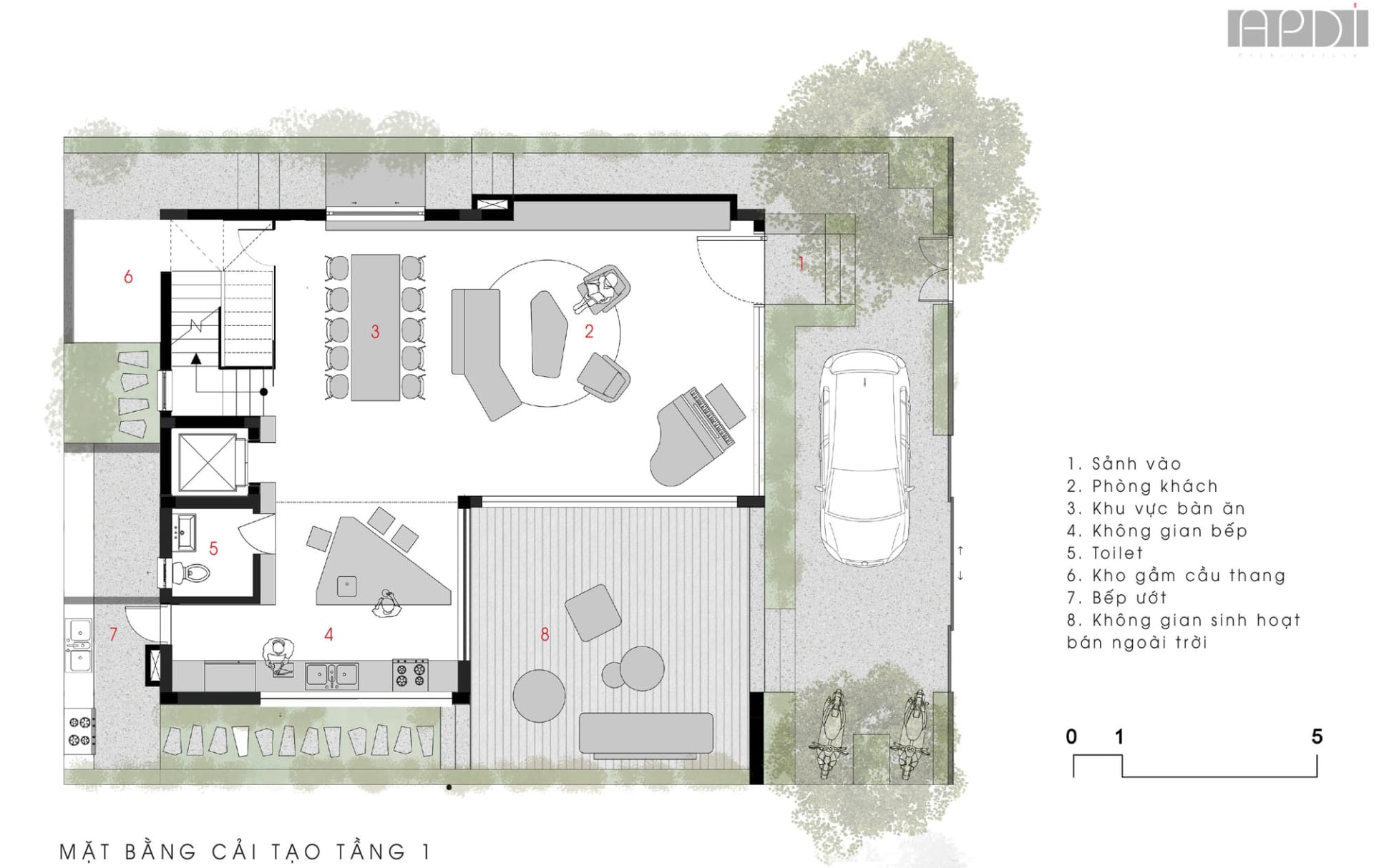 Modern residential floor plan featuring concrete finishes and an open living space.