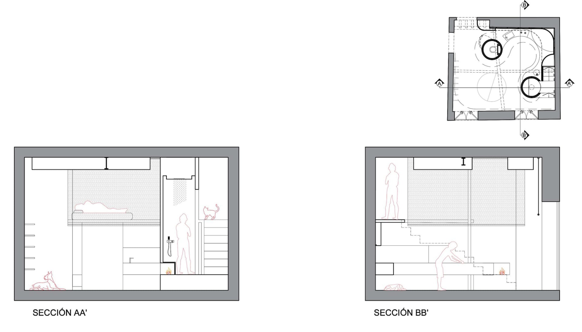 Interior design of a modern apartment with open-concept and use of wood and concrete.