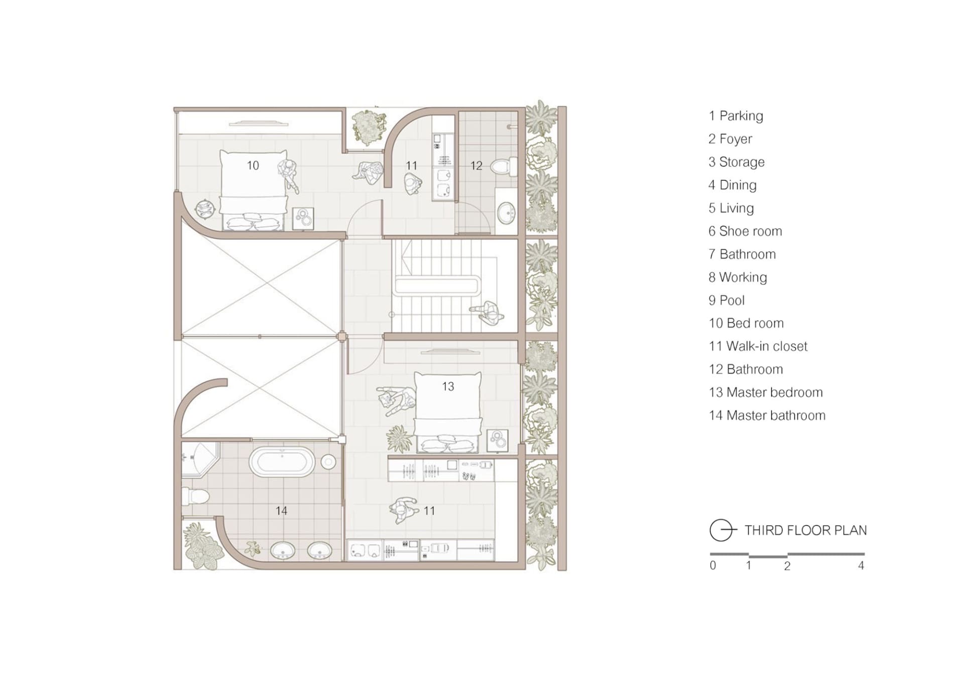 一張現代公寓的建築平面圖，展示磁磚地板的房間與空間配置。