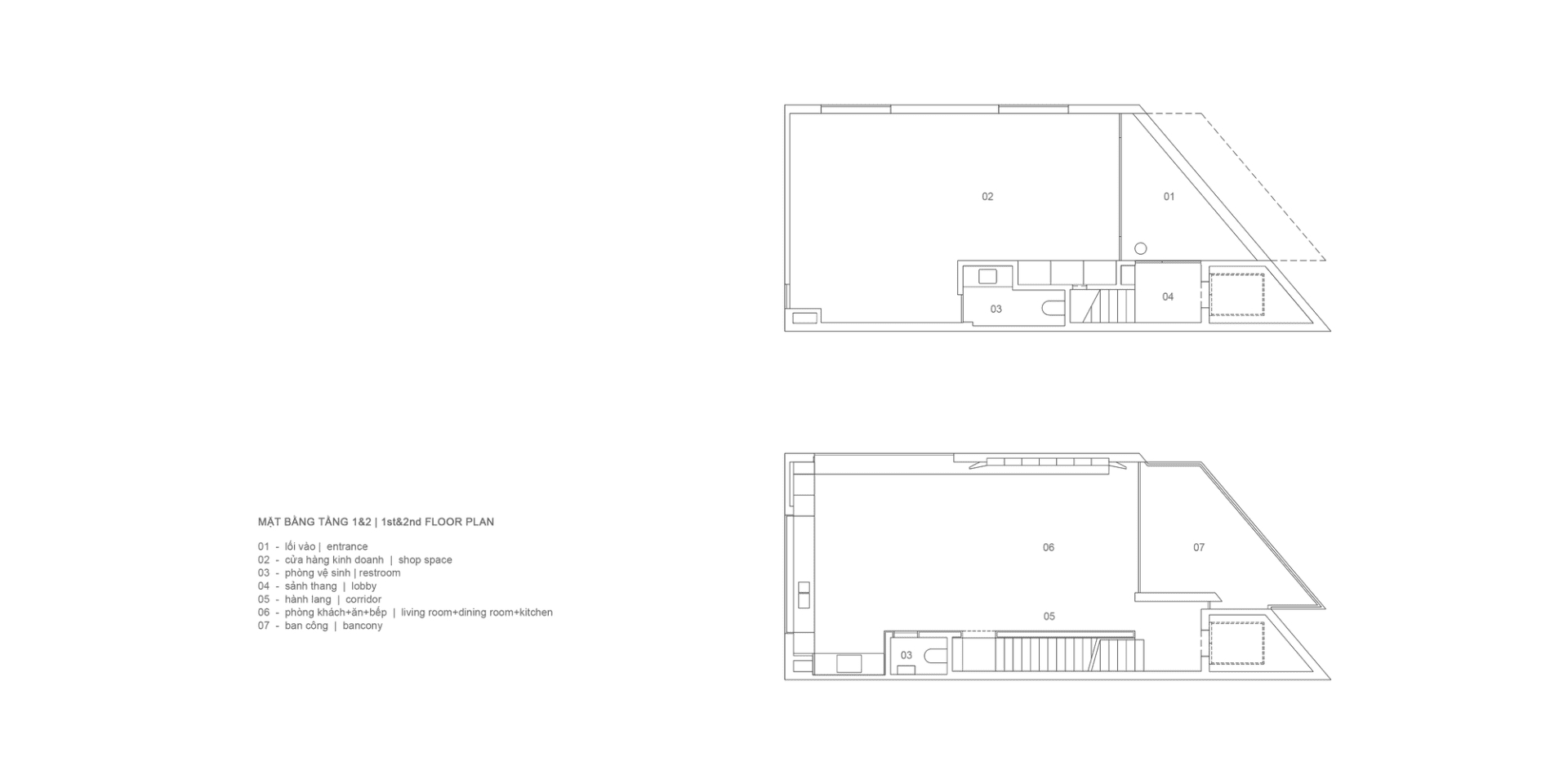 Two-storey architectural floor plan with designated areas for entrance, shop space, restroom, lobby, living room, dining room