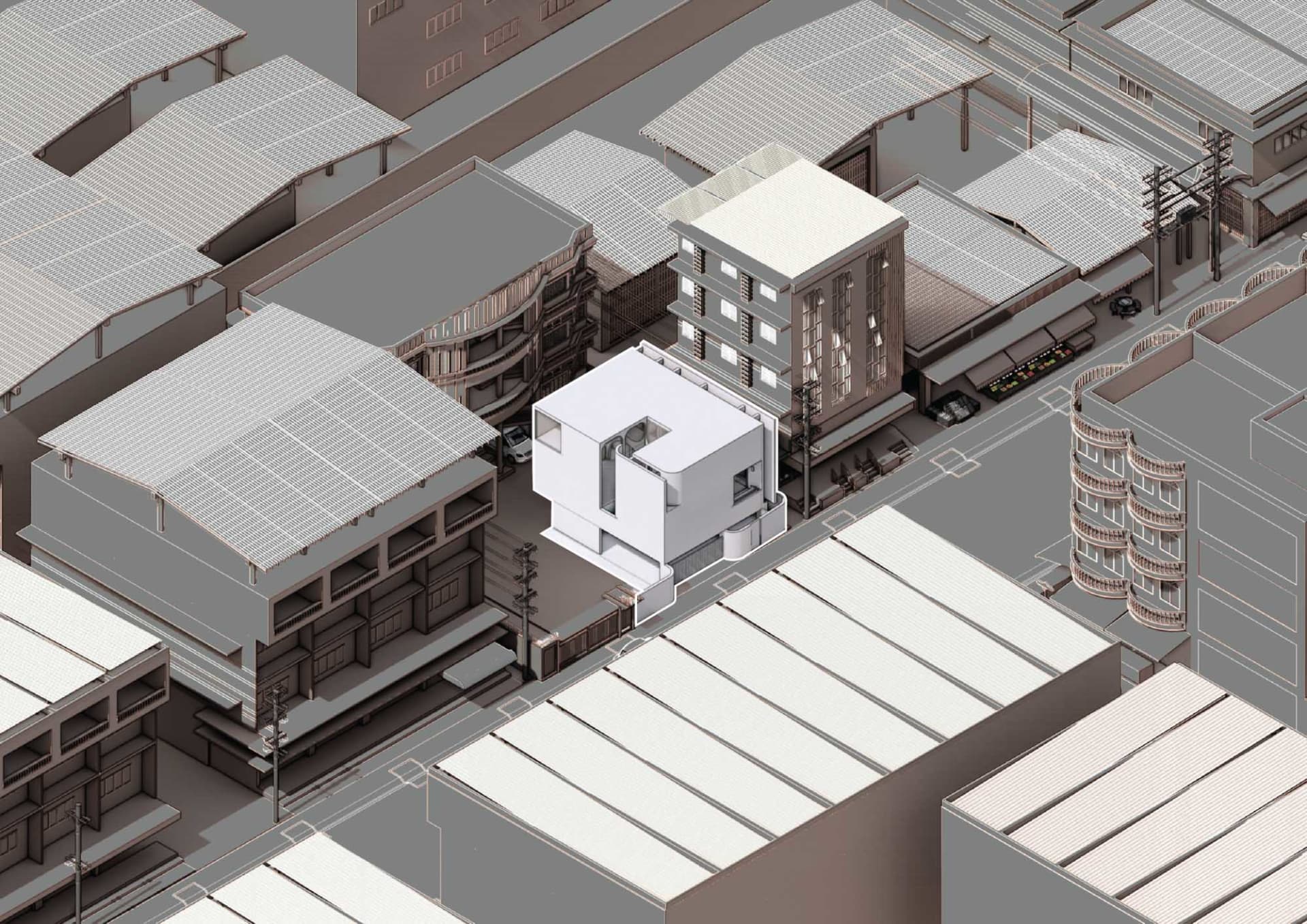 都市建築渲染圖,展示混合材質與都市規劃概念。