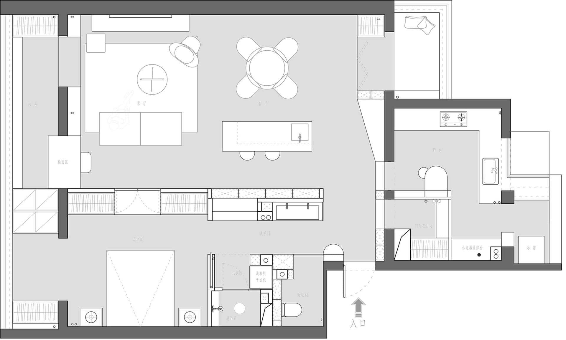 Modern floor plan with neutral tones, featuring a living area, dining area, kitchen, and bedrooms.