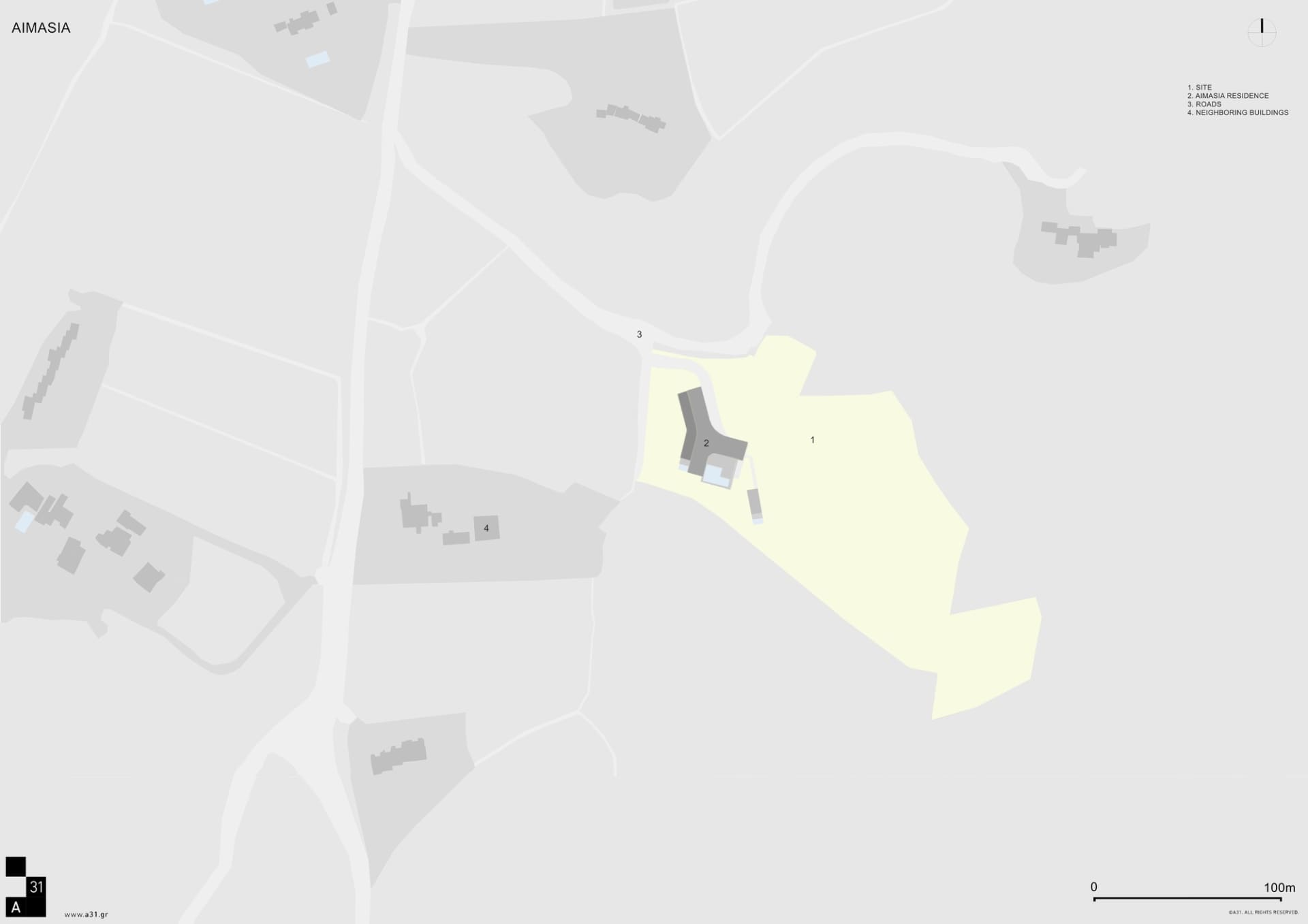 Aimasia Residence Site Plan showing the layout of a residential site with labeled structures and surrounding roads and buildi