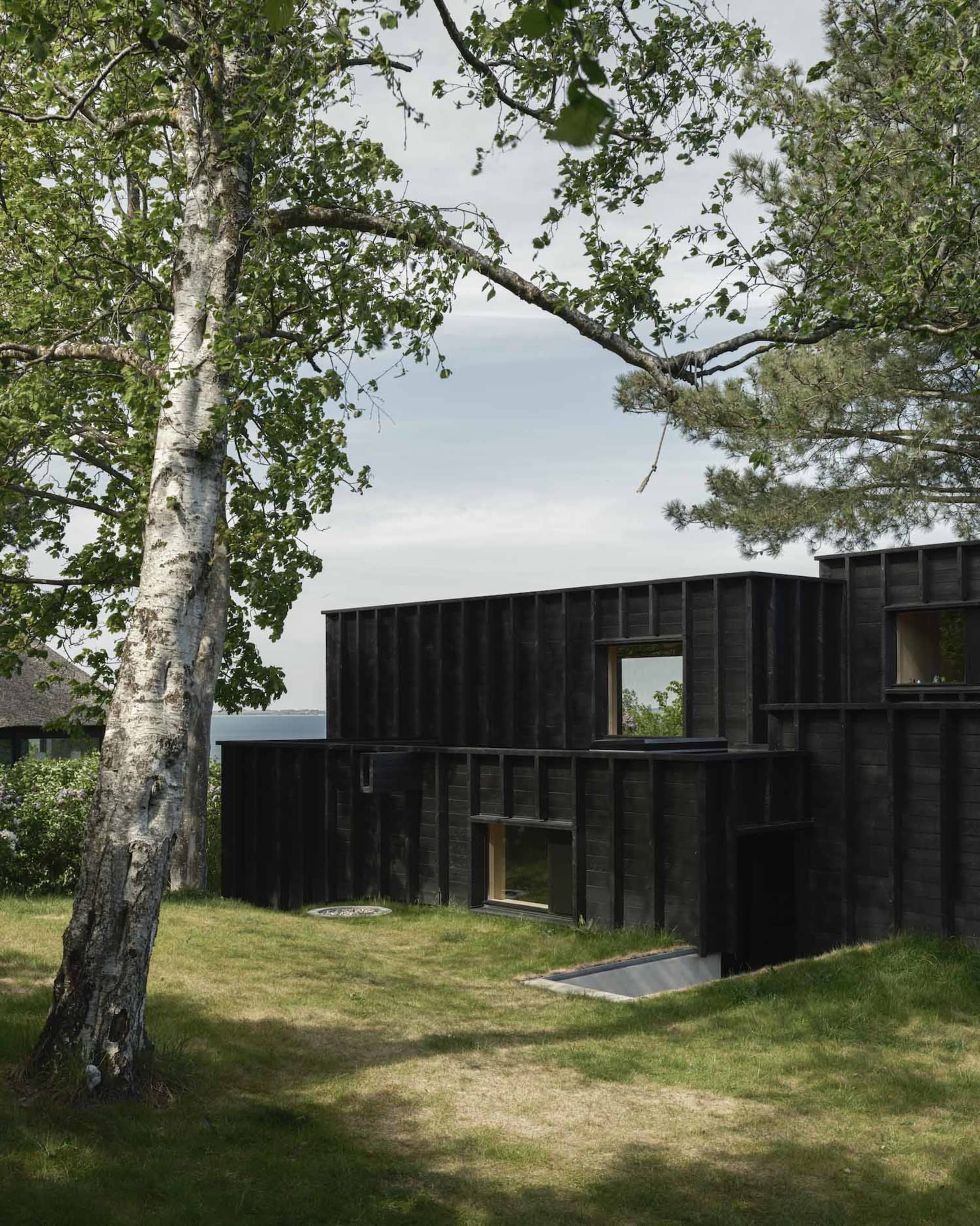 Modern exterior of a black wooden cabin with large windows and a grassy lawn.