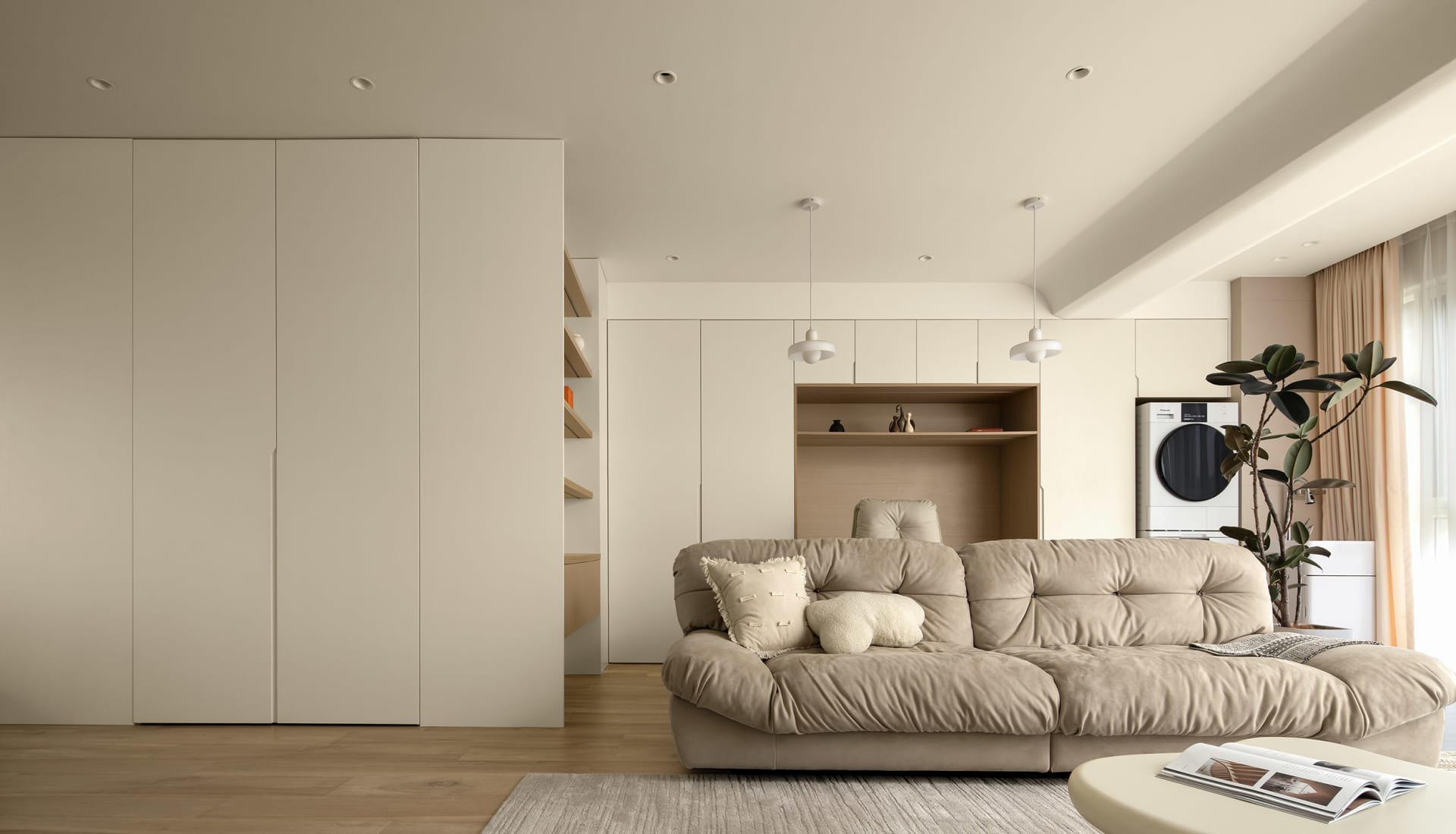 Neutral-tones minimalist living room with built-in storage and comfortable seating.