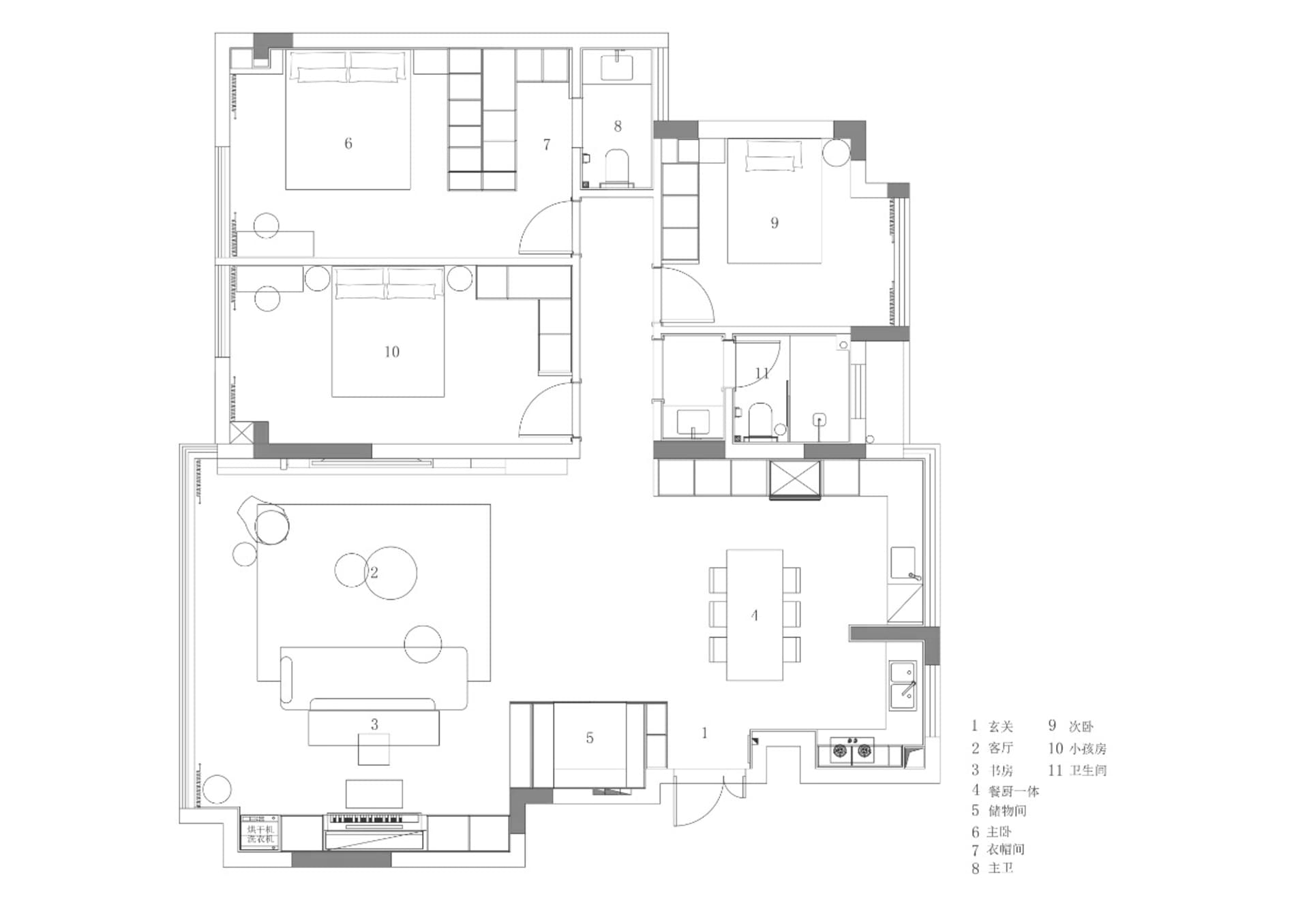 一張詳細的住宅平面圖 2D 建築圖,標示各個房間與空間。