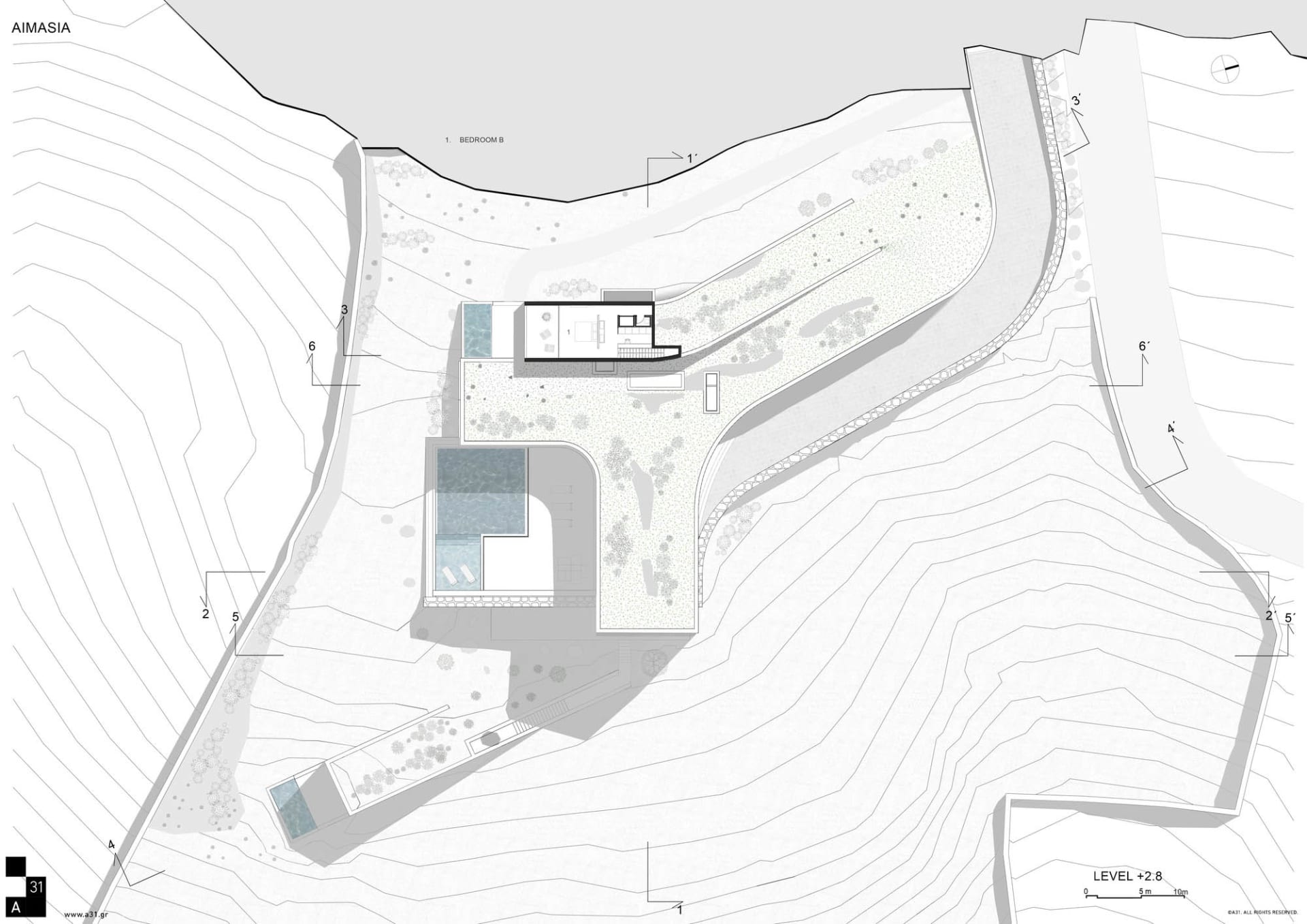 一張現代住宅的2D建築平面圖，展示混凝土牆面、玻璃窗與花園。