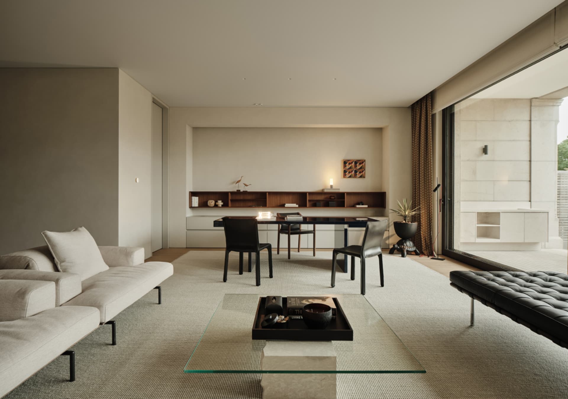 A modern minimalist living room featuring neutral-toned furniture, brick flooring, and white walls.