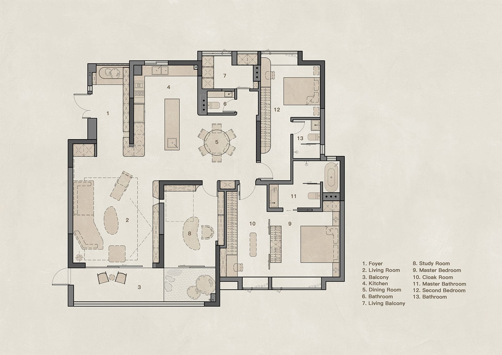 A minimalist apartment layout plan showing rooms and furniture arrangements.