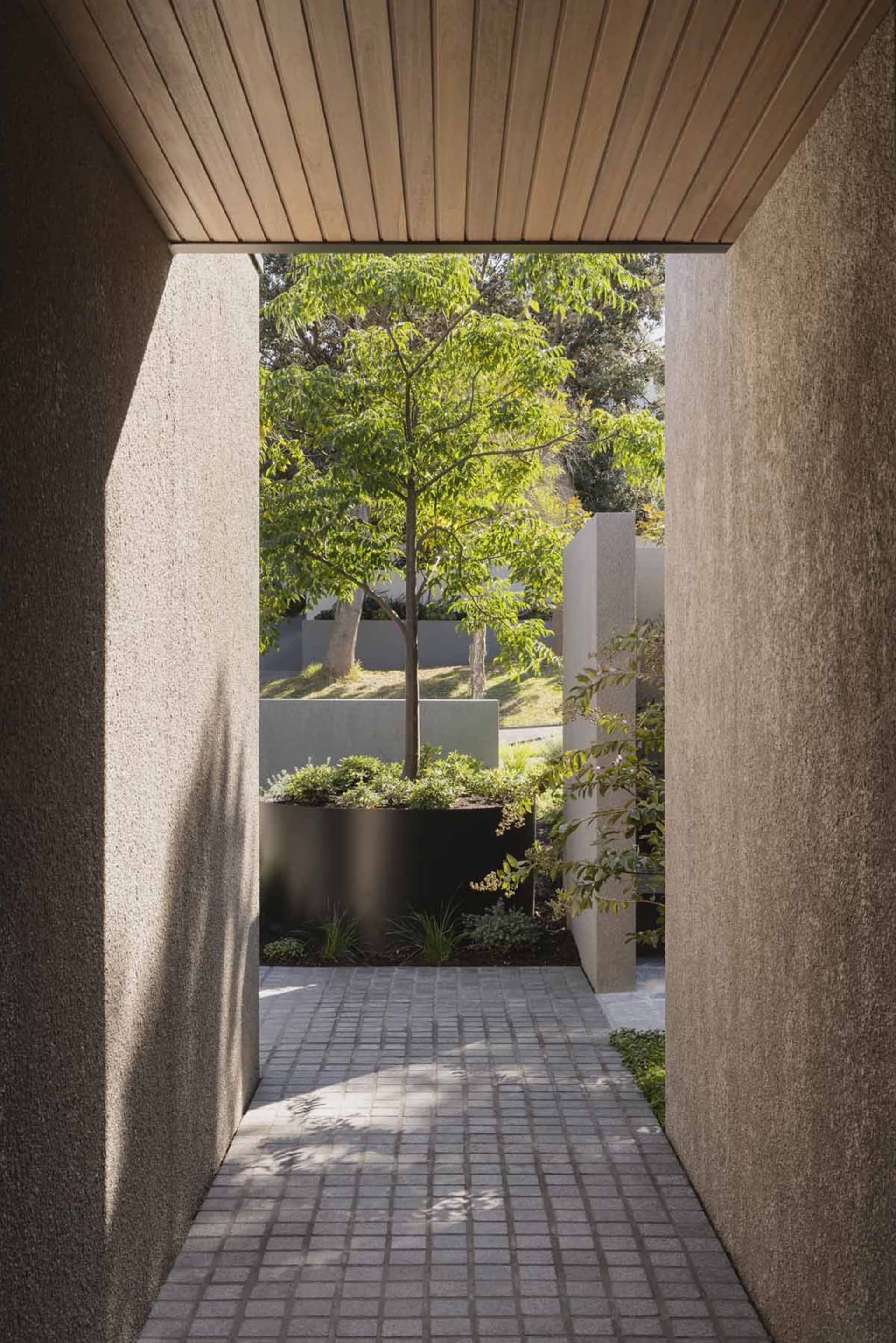 A pathway lined with plants and trees, constructed with concrete.