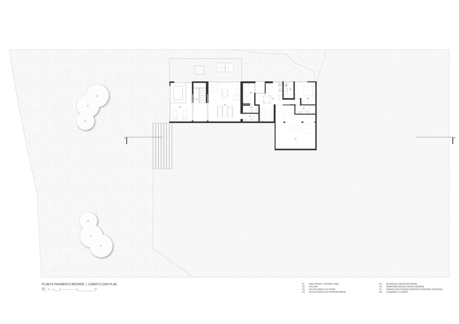 Floor plan of a modern residential interior with technical details and sections labeled.